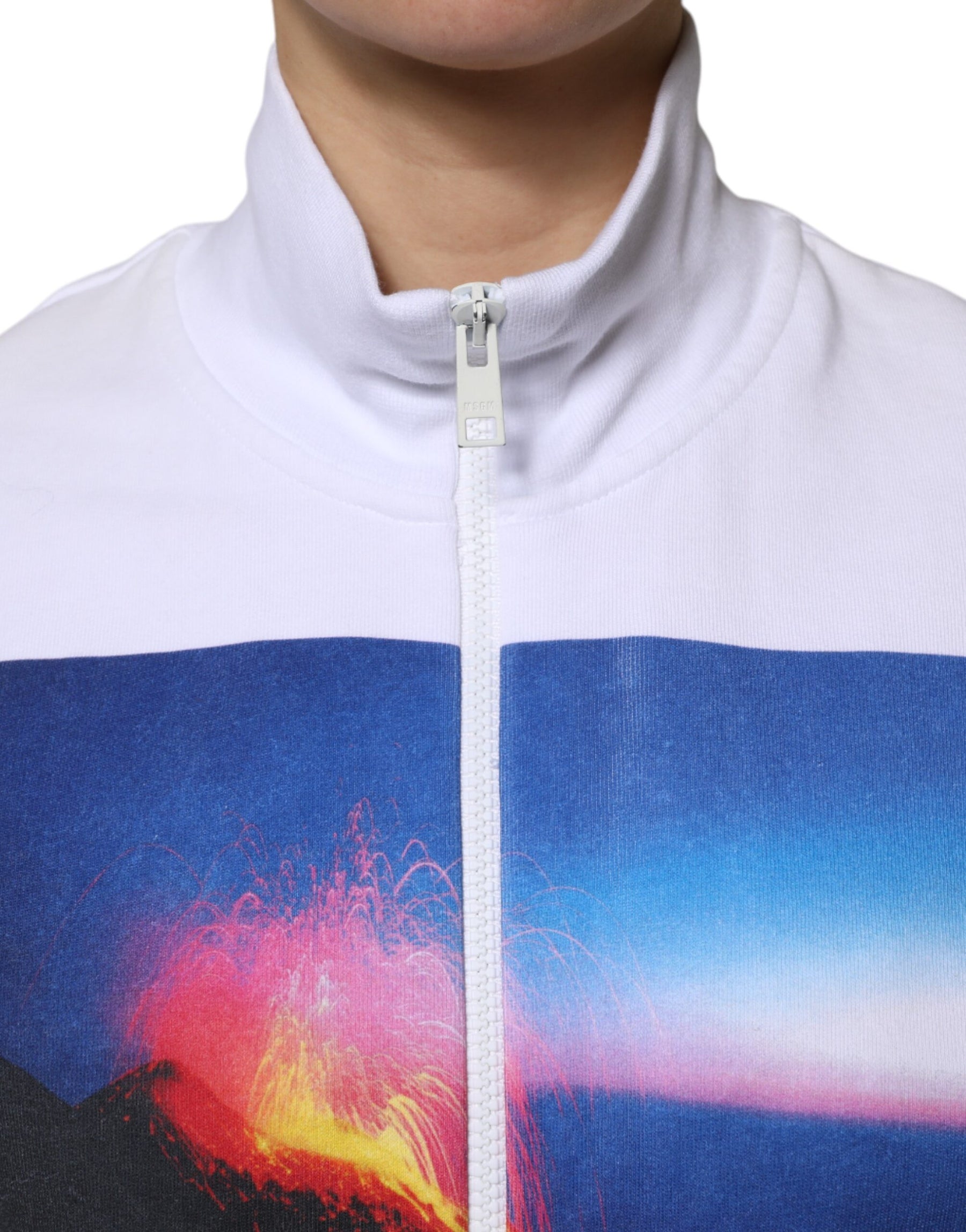 MSGM White Graphic Print Cotton Long Sleeves Full Zip Bomber Jacket | Regal Royce