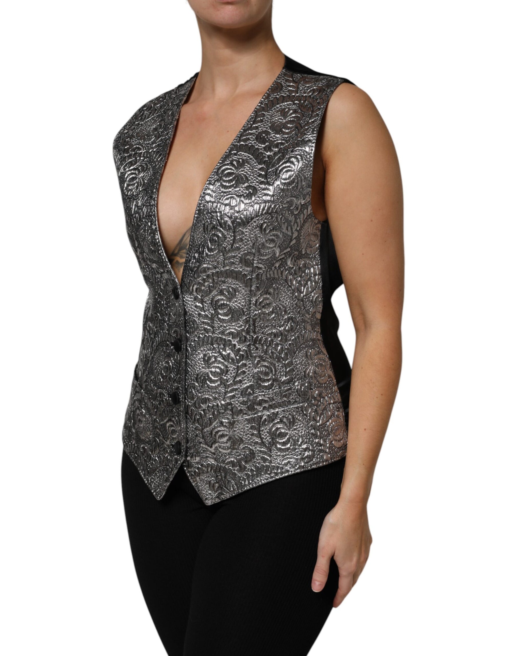 Dolce & Gabbana Silver Floral Jacquard Sleeveless Vest Top | Regal Royce