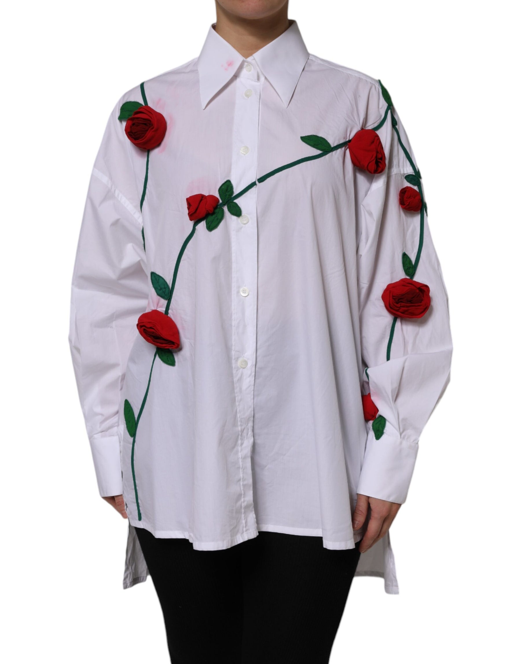 Dolce & Gabbana White Cotton Floral Appliques Dress Shirt Top | Regal Royce