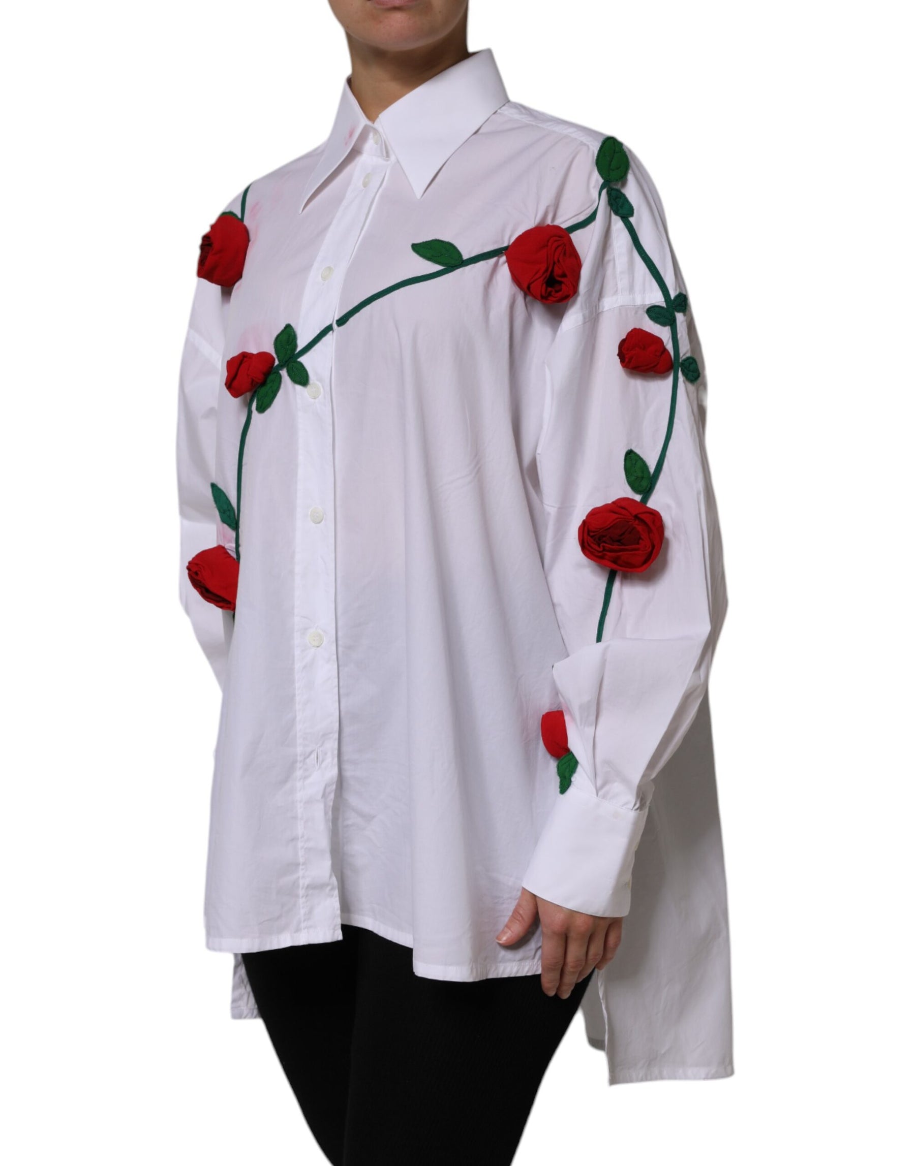 Dolce & Gabbana White Cotton Floral Appliques Dress Shirt Top | Regal Royce