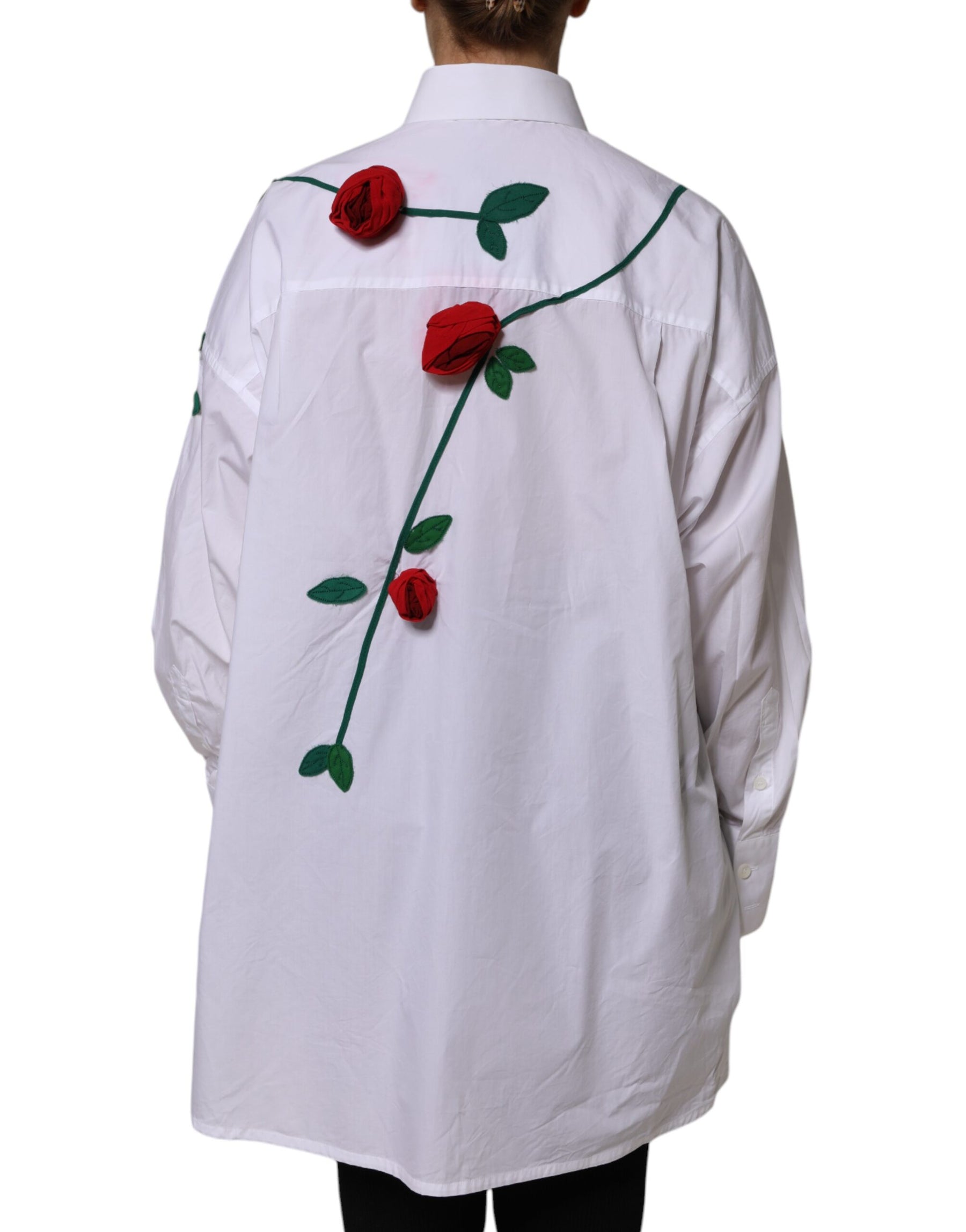 Dolce & Gabbana White Cotton Floral Appliques Dress Shirt Top | Regal Royce