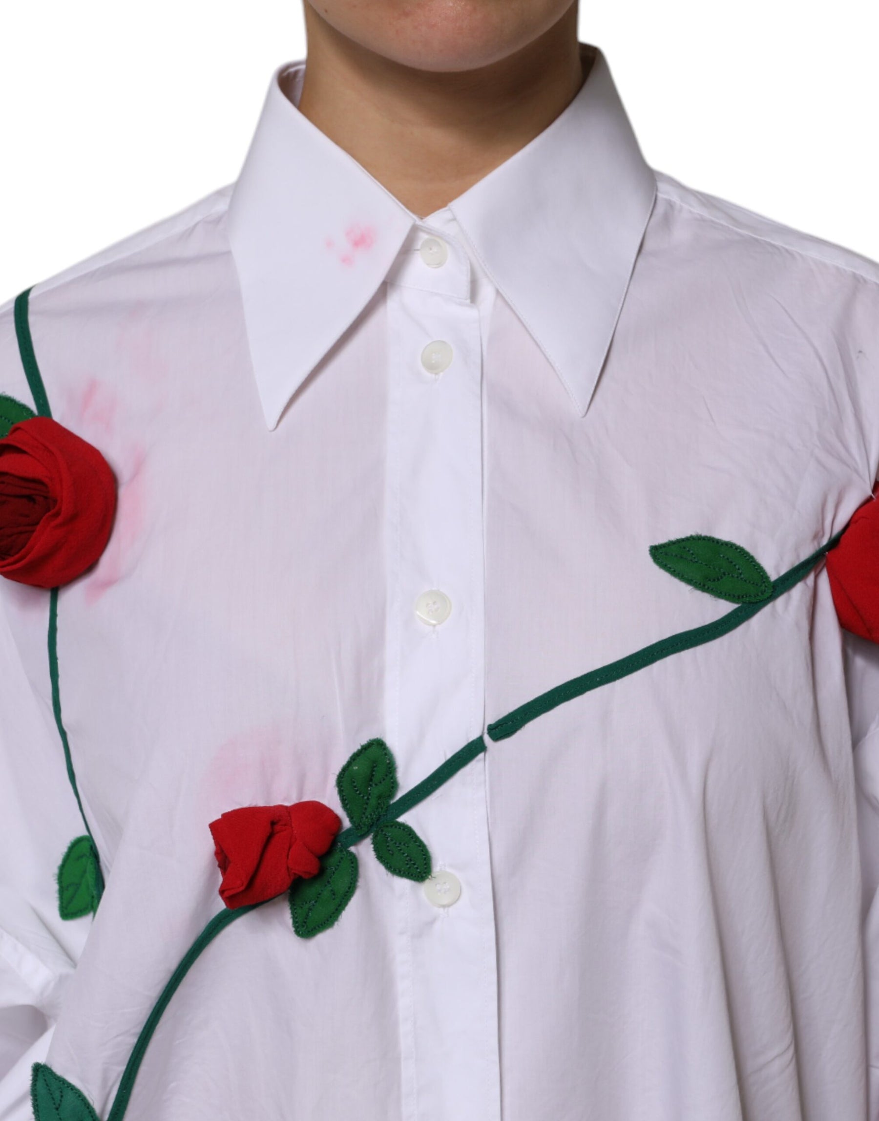 Dolce & Gabbana White Cotton Floral Appliques Dress Shirt Top | Regal Royce