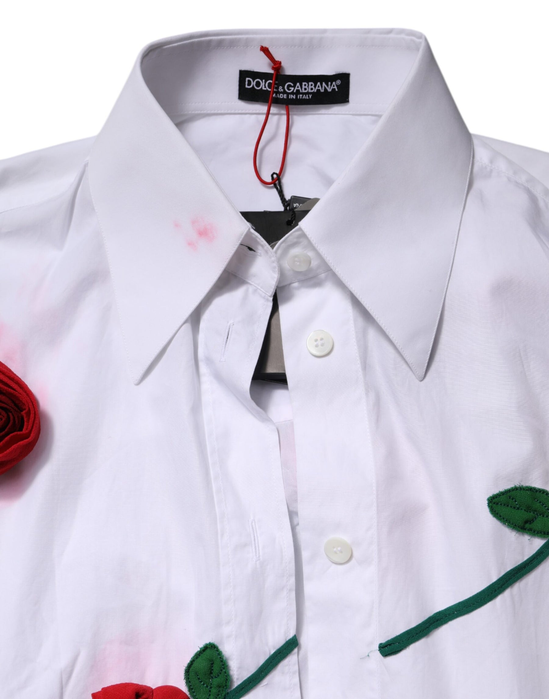 Dolce & Gabbana White Cotton Floral Appliques Dress Shirt Top | Regal Royce