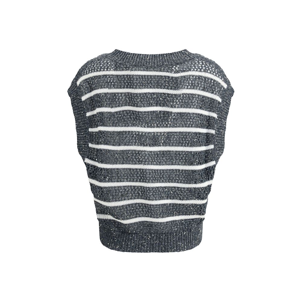 Brunello Cucinelli Blue Linen Sleeveles Sweater | Regal Royce