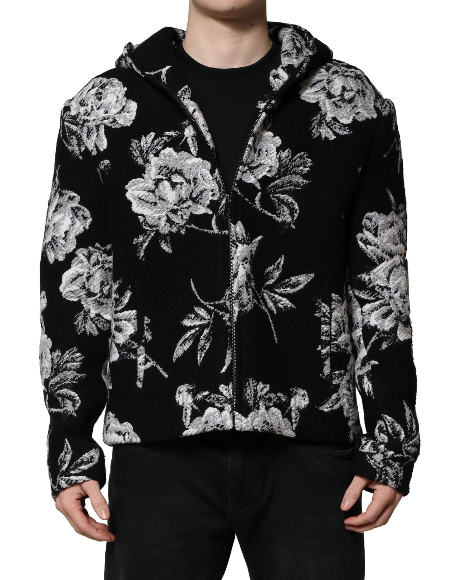 Dolce & Gabbana Black Wool Floral Printed Men Hooded Jacket | Regal Royce