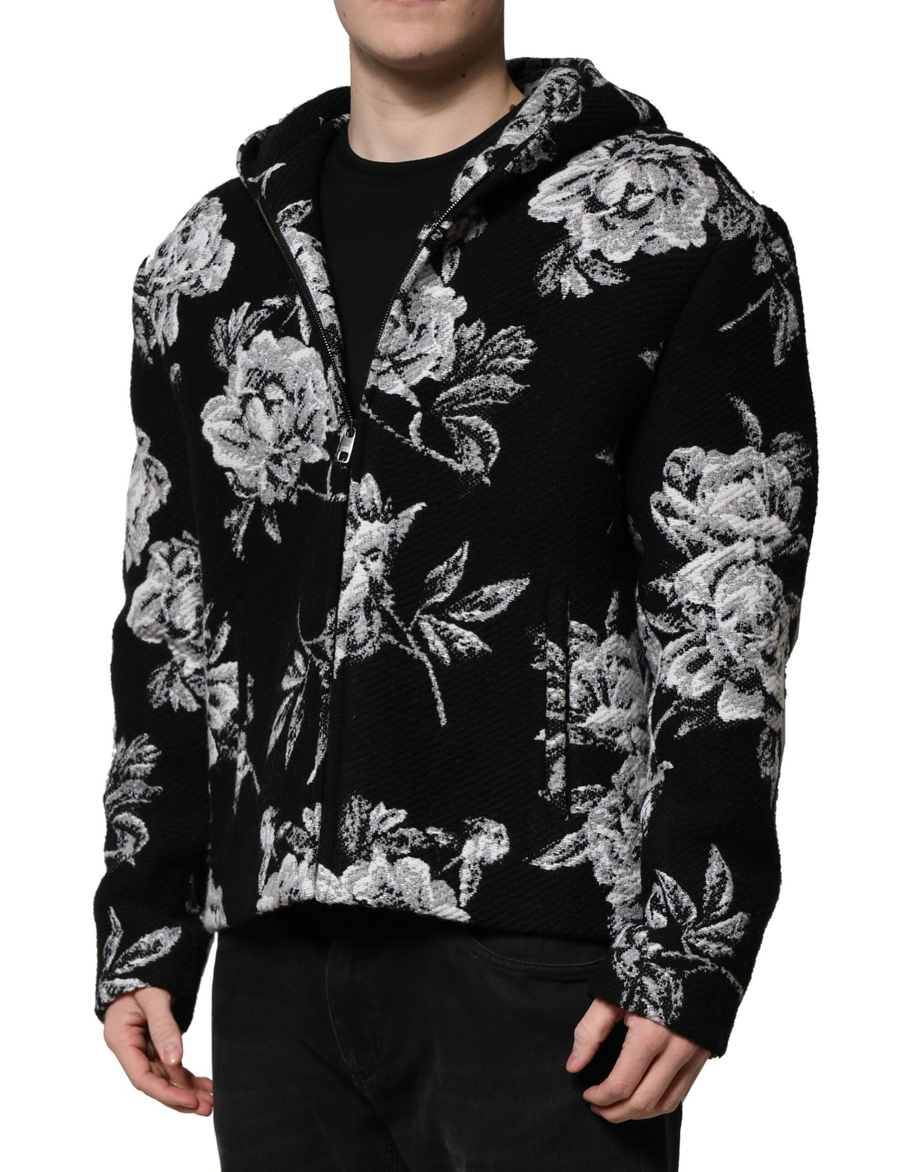 Dolce & Gabbana Black Wool Floral Printed Men Hooded Jacket | Regal Royce
