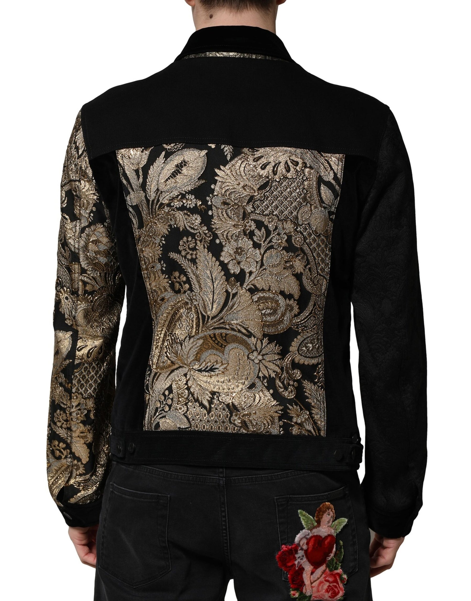 Dolce & Gabbana Black Gold Floral Jacquard Men Biker Jacket | Regal Royce