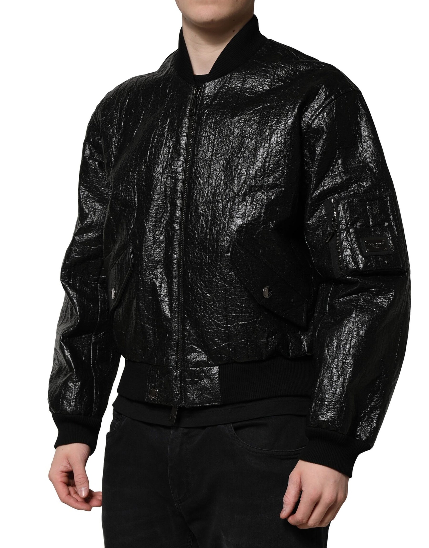 Dolce & Gabbana Black Logo Plaque Bomber Full Zipper Jacket | Regal Royce