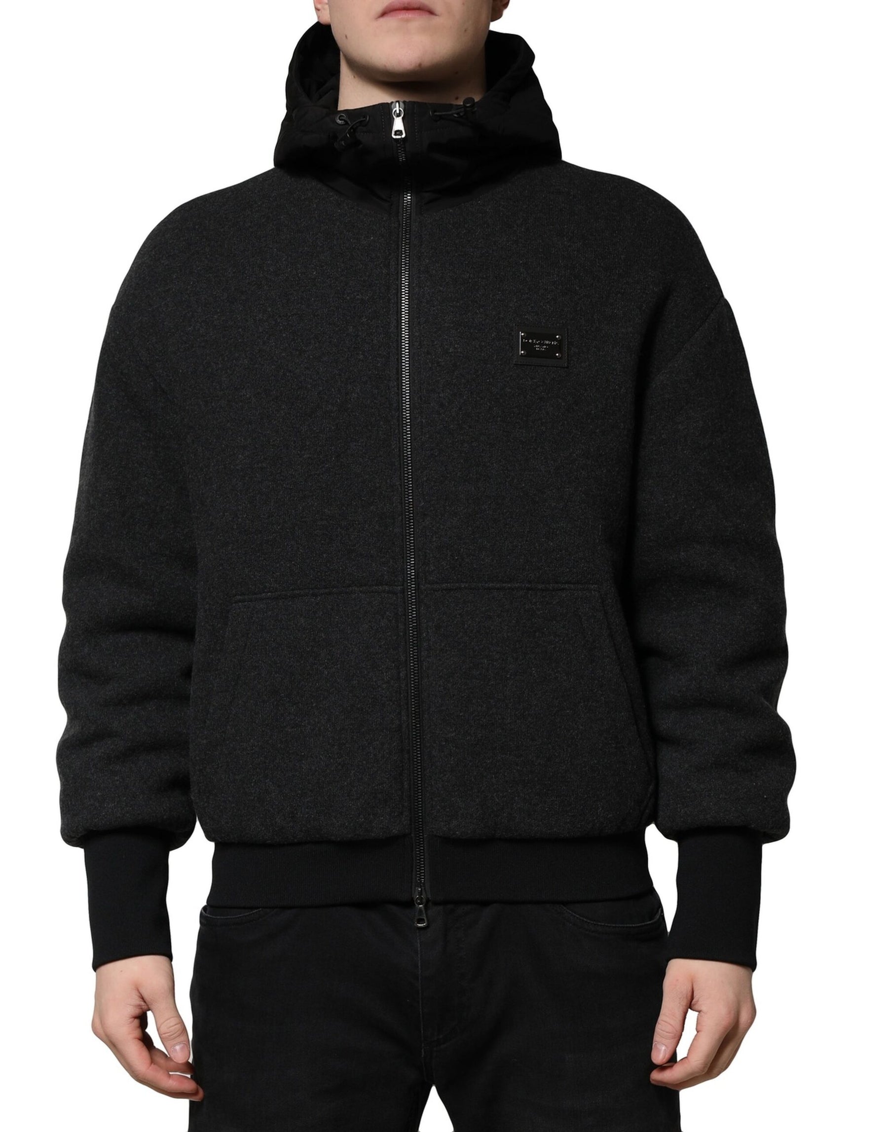 Dolce & Gabbana Black DG Logo Plaque Hooded Bomber Jacket | Regal Royce