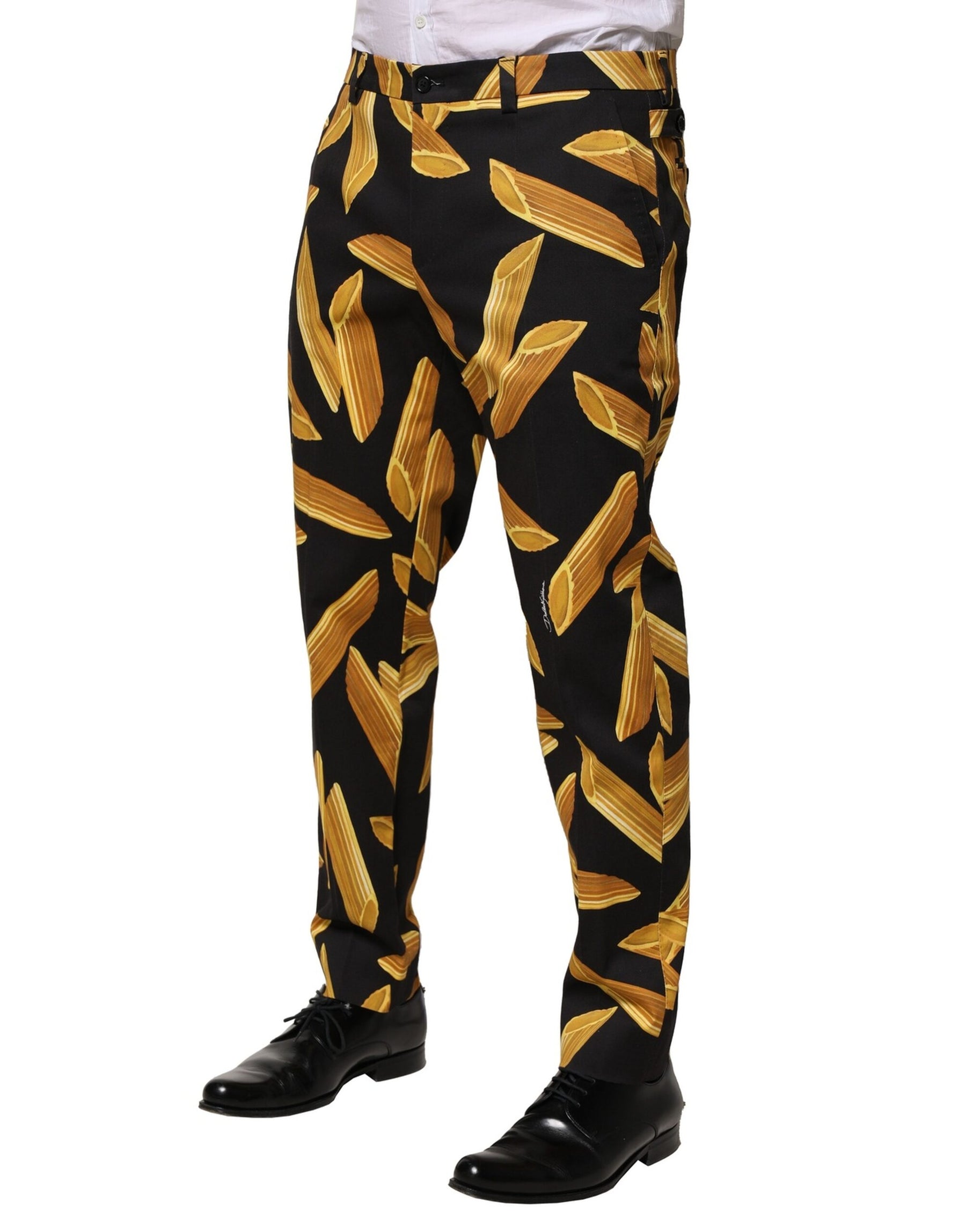 Dolce & Gabbana Black Pasta Print Tapered Men Pants | Regal Royce