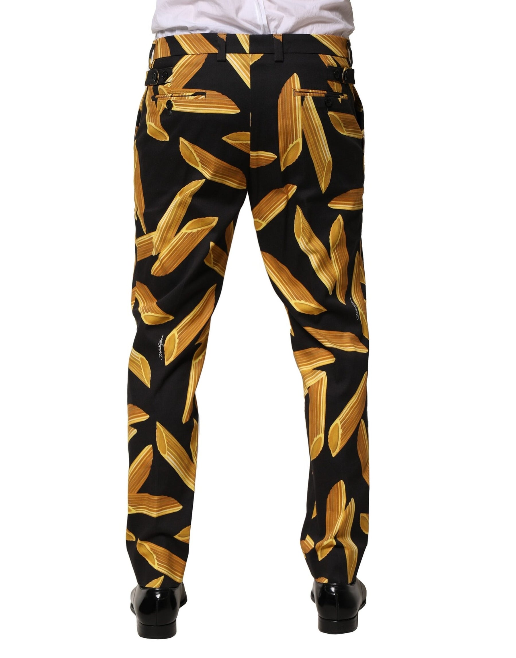 Dolce & Gabbana Black Pasta Print Tapered Men Pants | Regal Royce