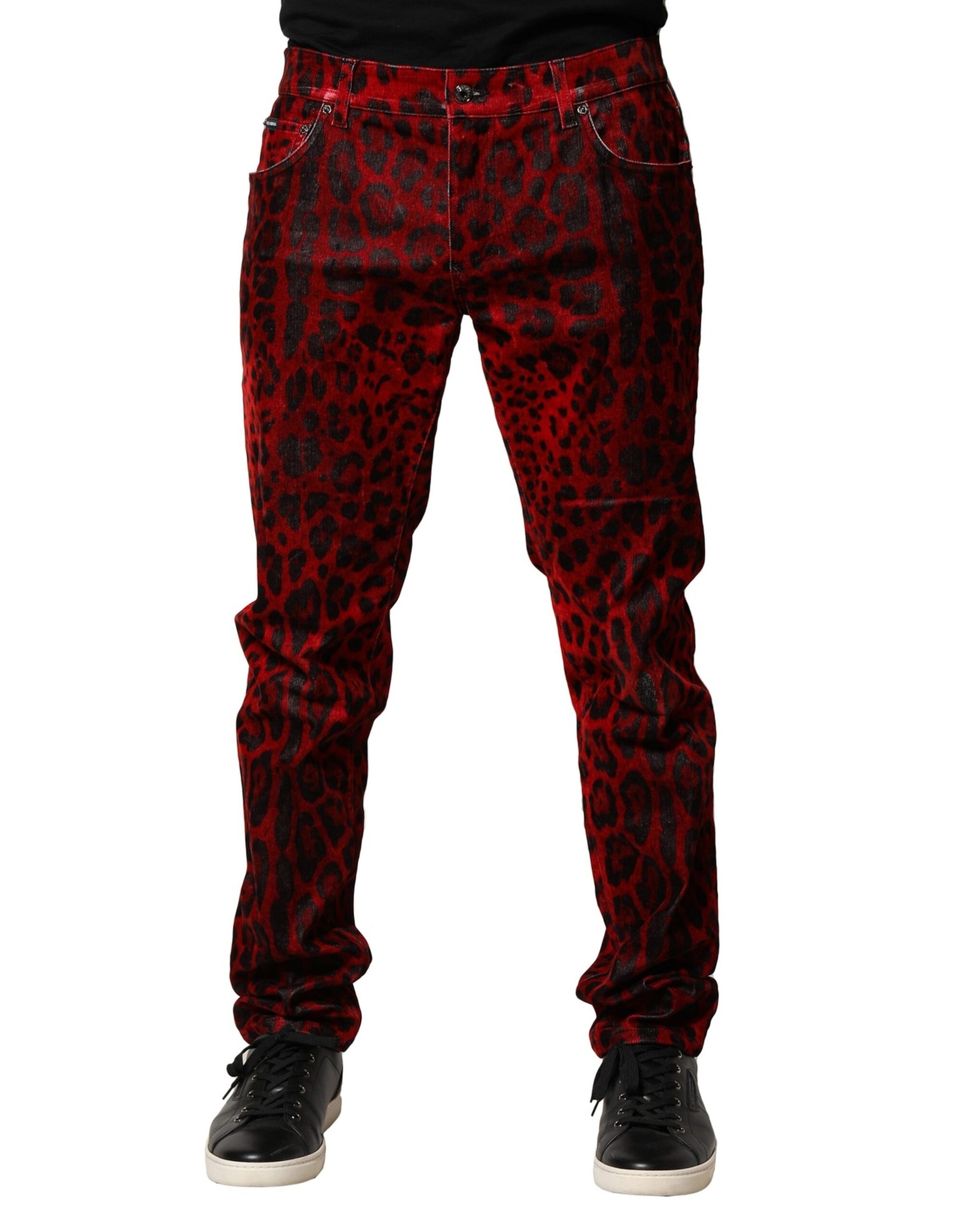Dolce & Gabbana Red Leopard Print Cotton Skinny Denim Jeans | Regal Royce