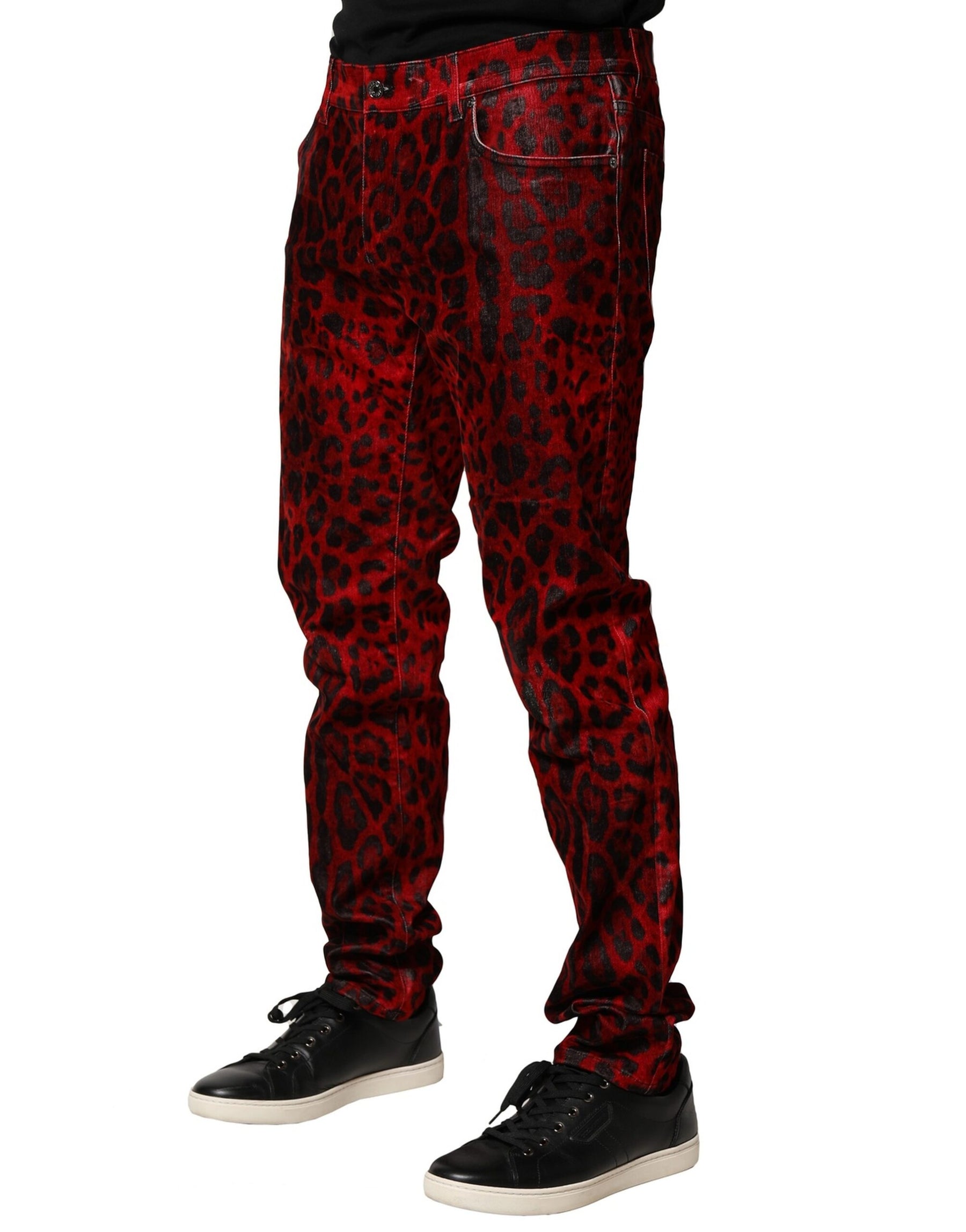 Dolce & Gabbana Red Leopard Print Cotton Skinny Denim Jeans | Regal Royce