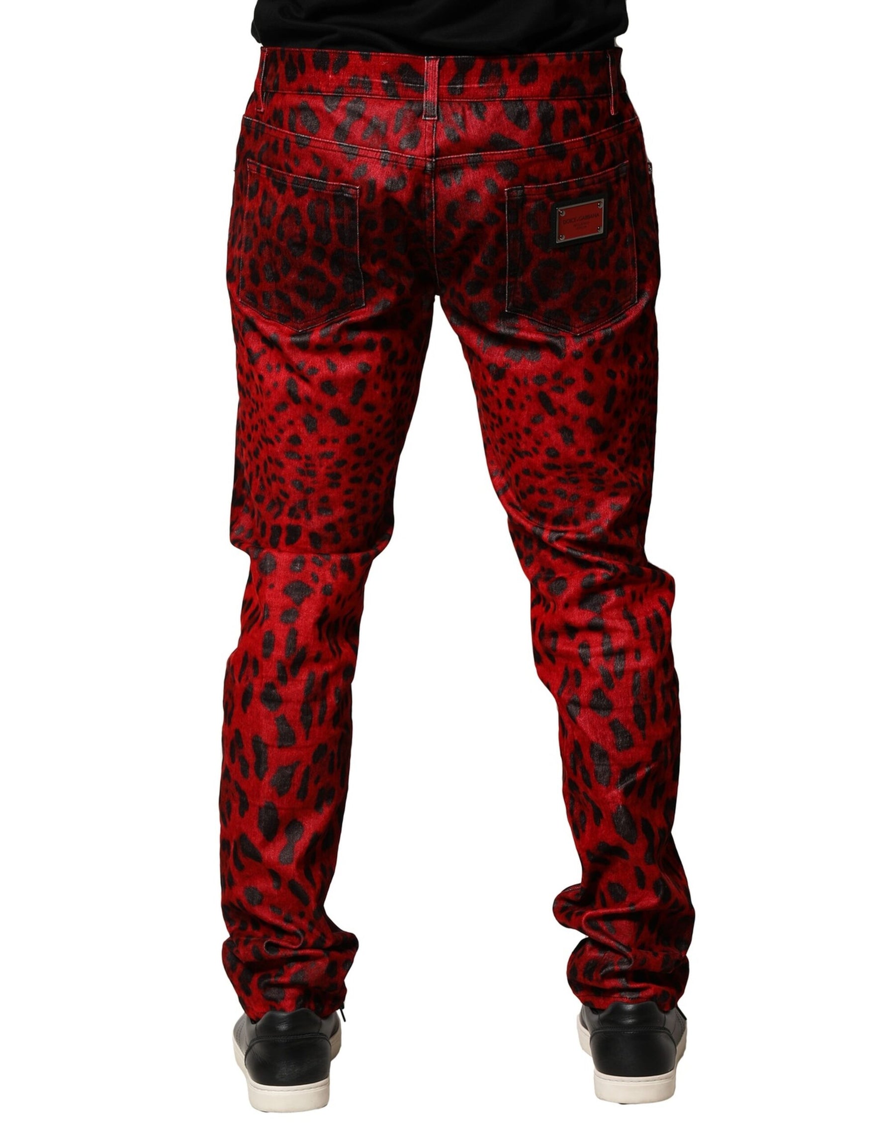 Dolce & Gabbana Red Leopard Print Cotton Skinny Denim Jeans | Regal Royce