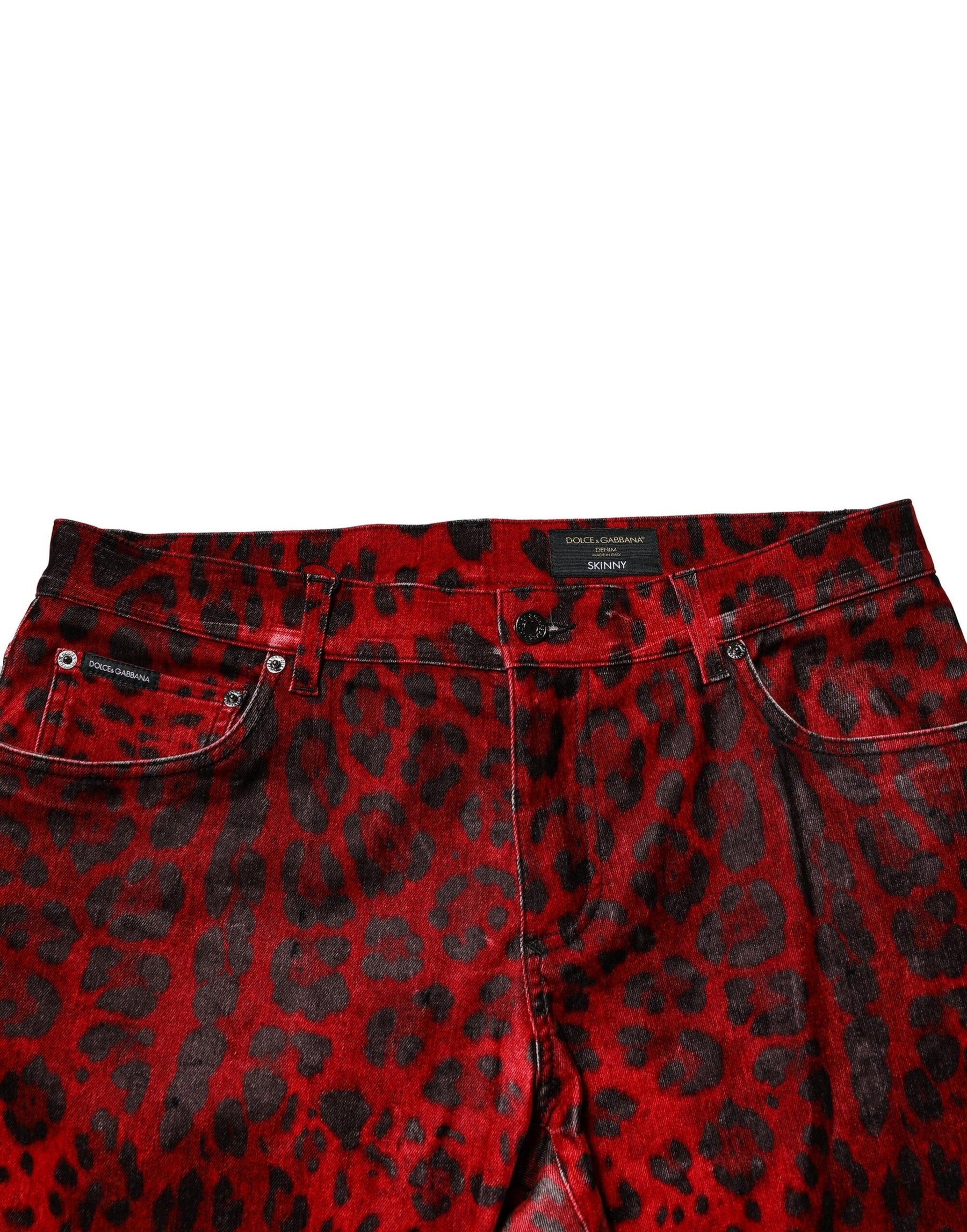 Dolce & Gabbana Red Leopard Print Cotton Skinny Denim Jeans | Regal Royce