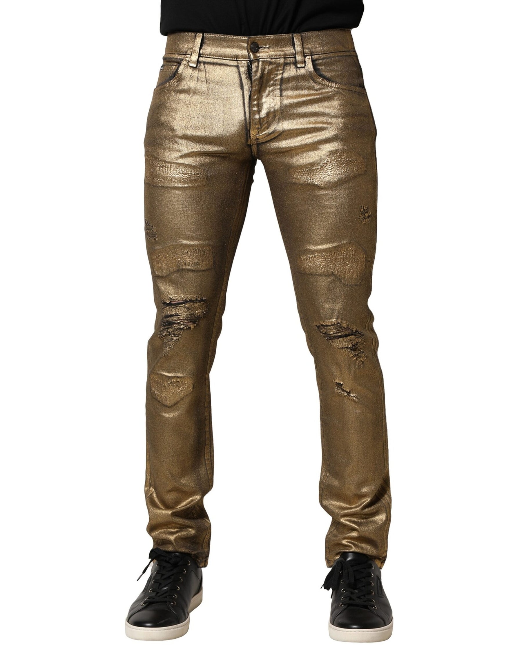 Dolce & Gabbana Gold Tattered Cotton Stretch Slim Denim Jeans | Regal Royce