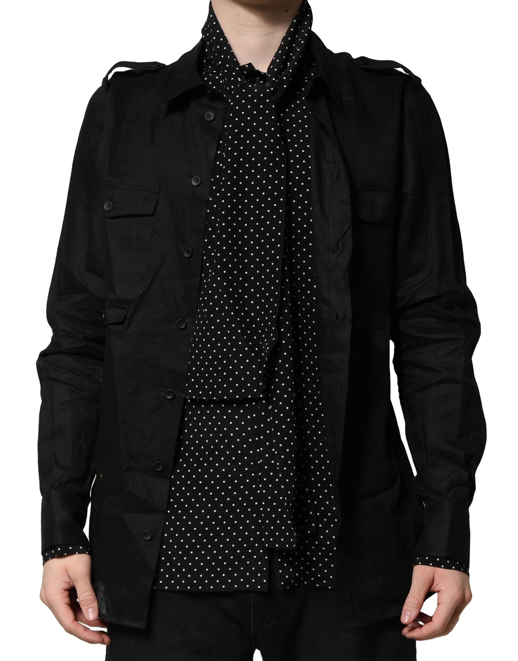 Dolce & Gabbana Black Polka Dot Linen Silk Men Casual Shirt | Regal Royce