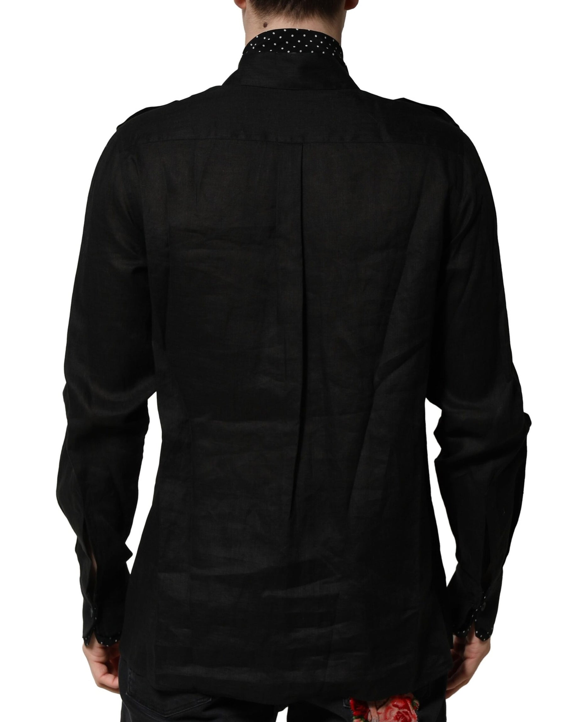 Dolce & Gabbana Black Polka Dot Linen Silk Men Casual Shirt | Regal Royce