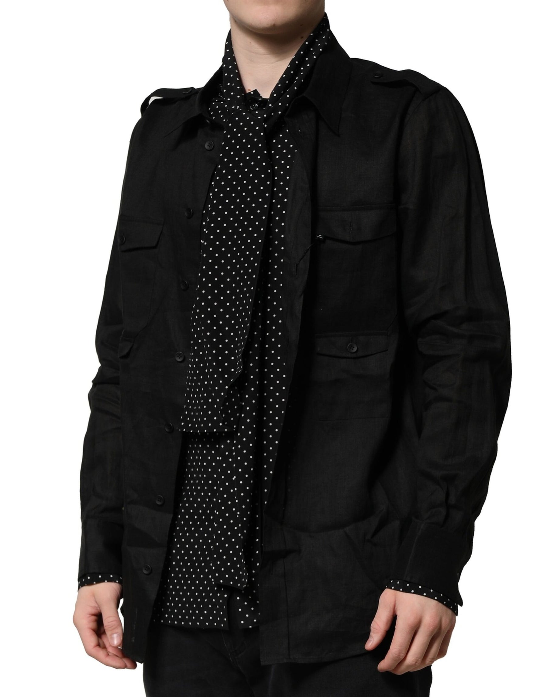 Dolce & Gabbana Black Polka Dot Linen Silk Men Casual Shirt | Regal Royce