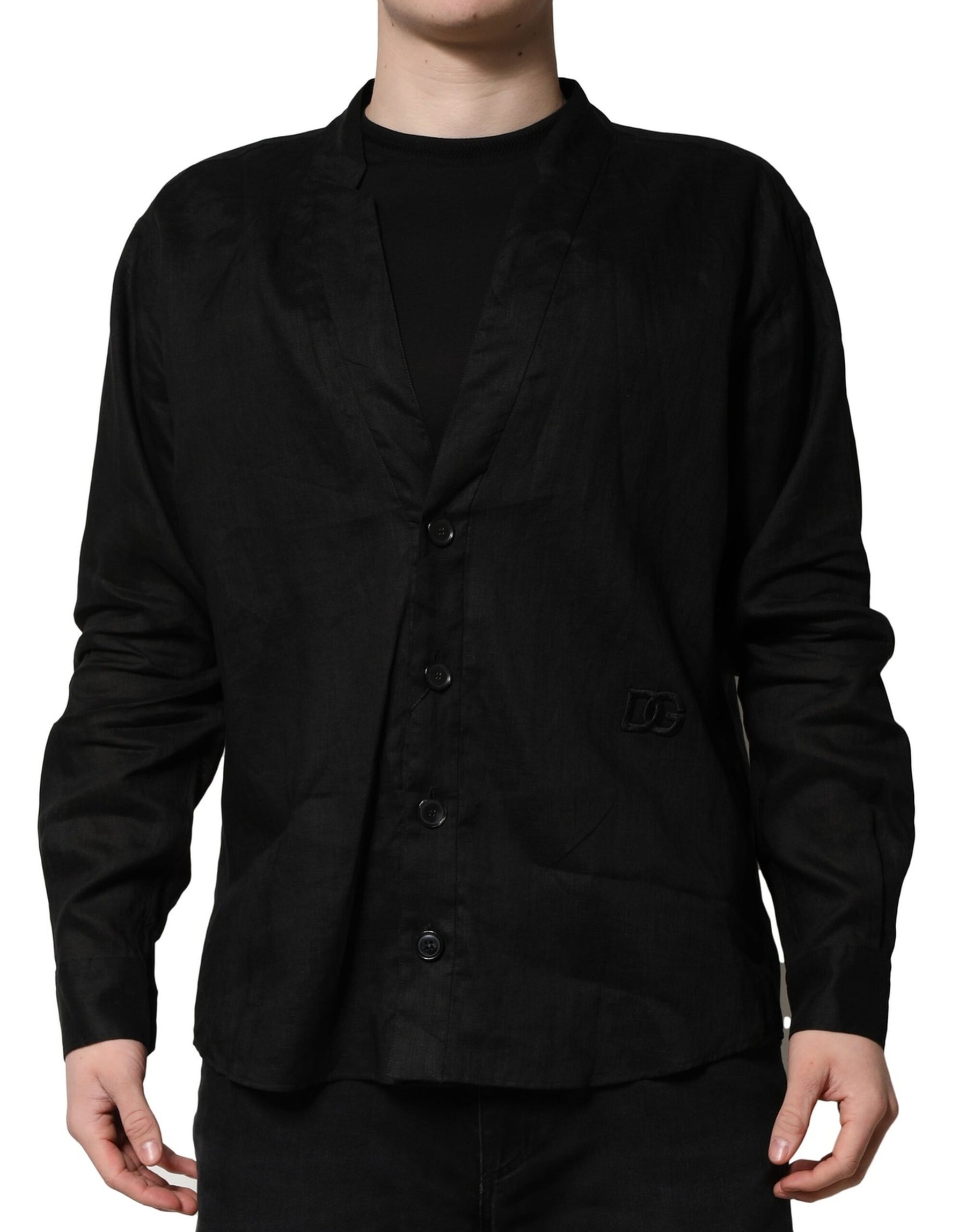 Dolce & Gabbana Black Linen Long Sleeves Men Casual Shirt | Regal Royce