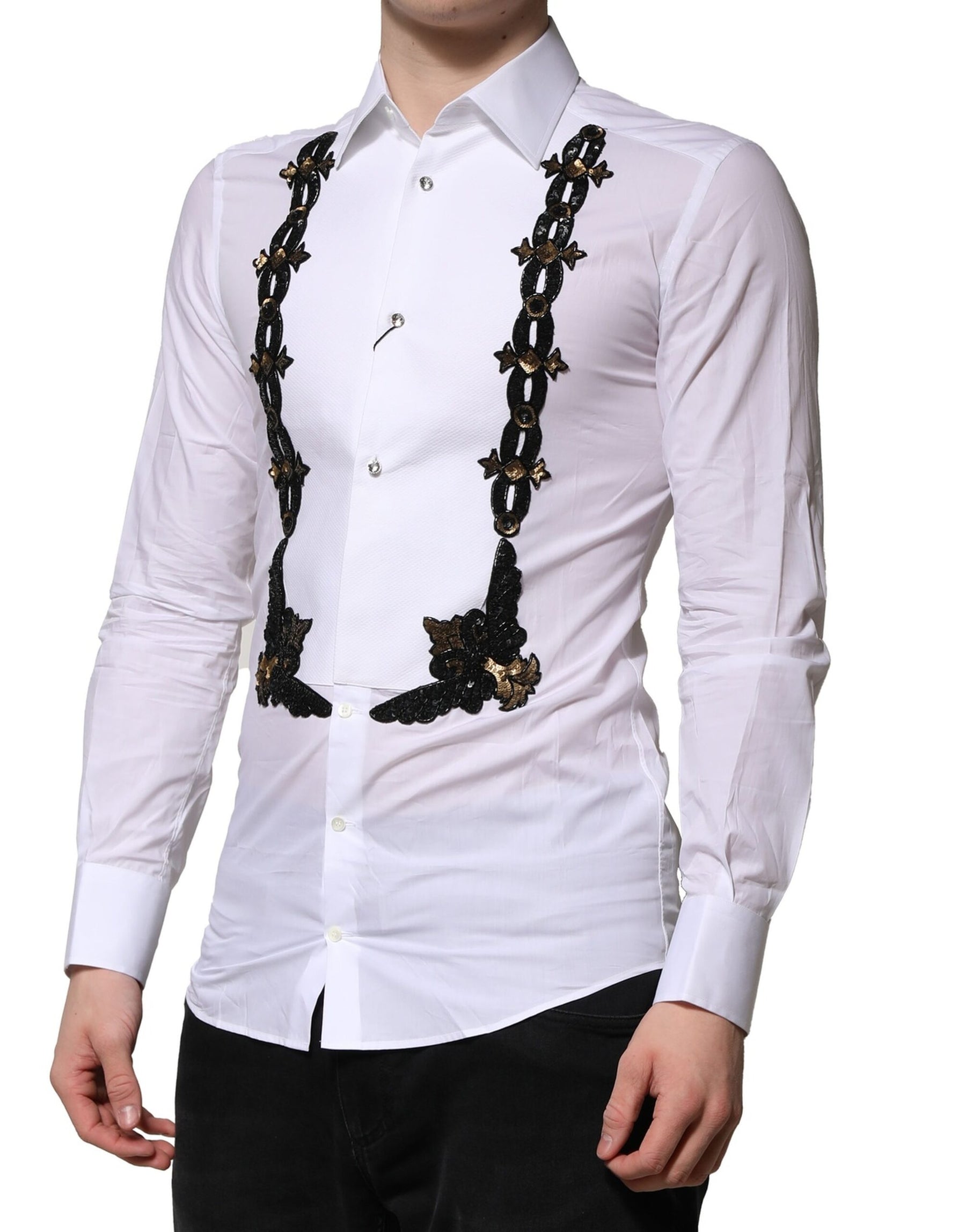 Dolce & Gabbana White GOLD Embellished Formal Men Dress Shirt | Regal Royce