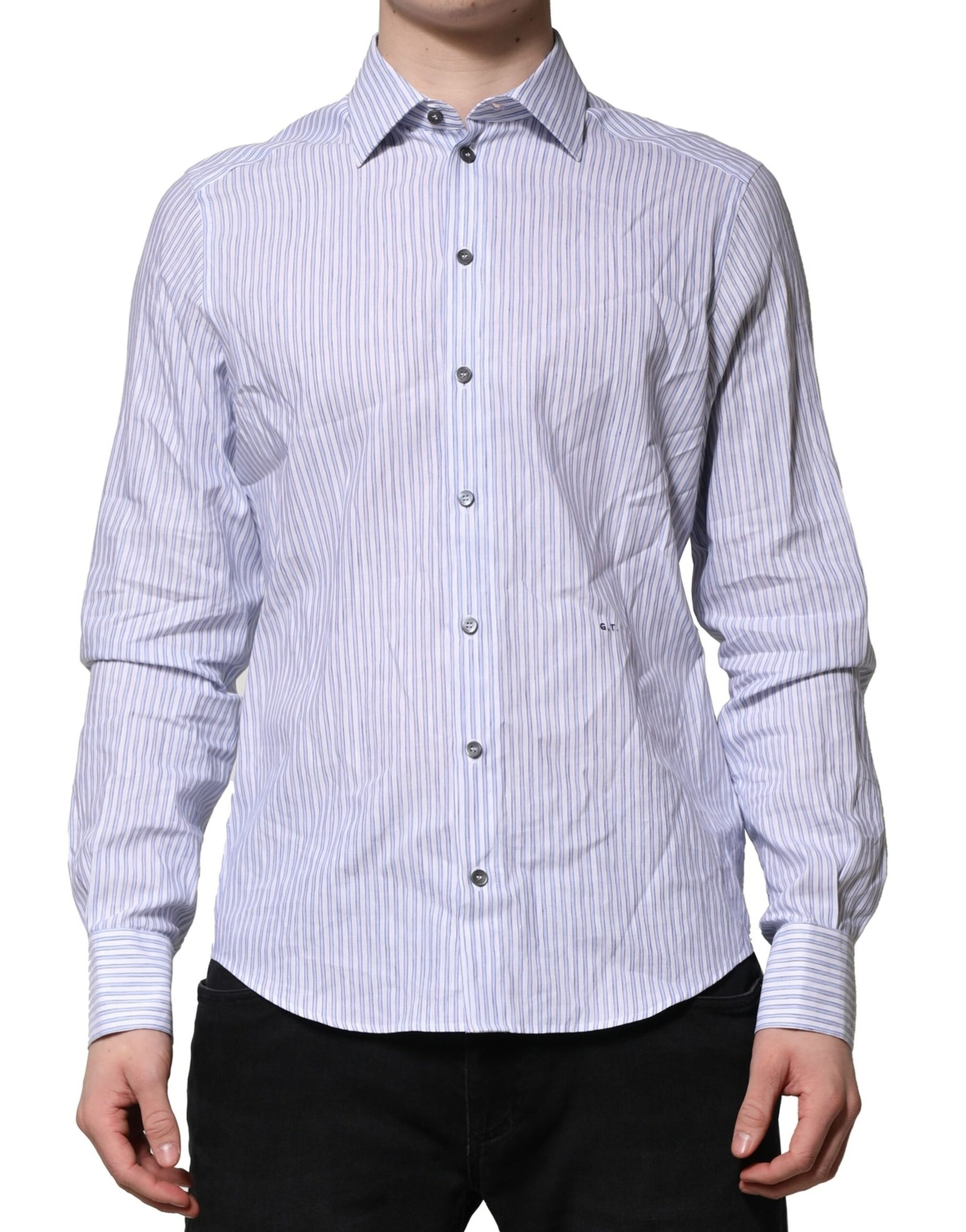Dolce & Gabbana White Blue Striped Cotton Dress Formal Shirt | Regal Royce