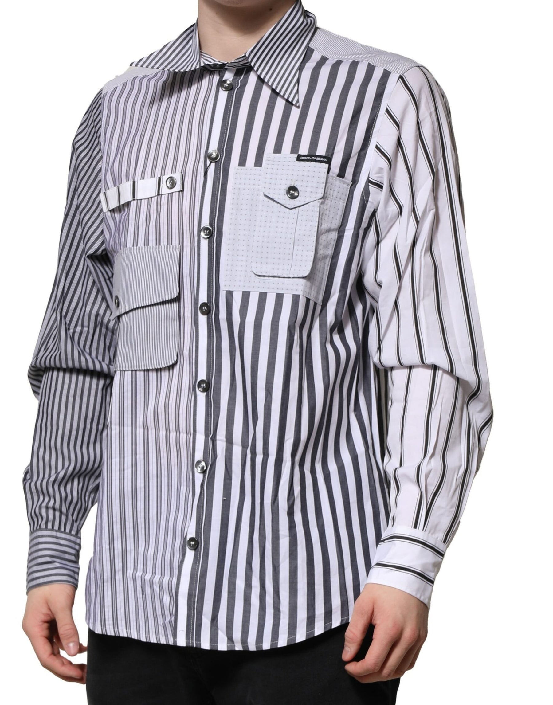 Dolce & Gabbana White Gray Striped Cotton Men Casual Shirt | Regal Royce