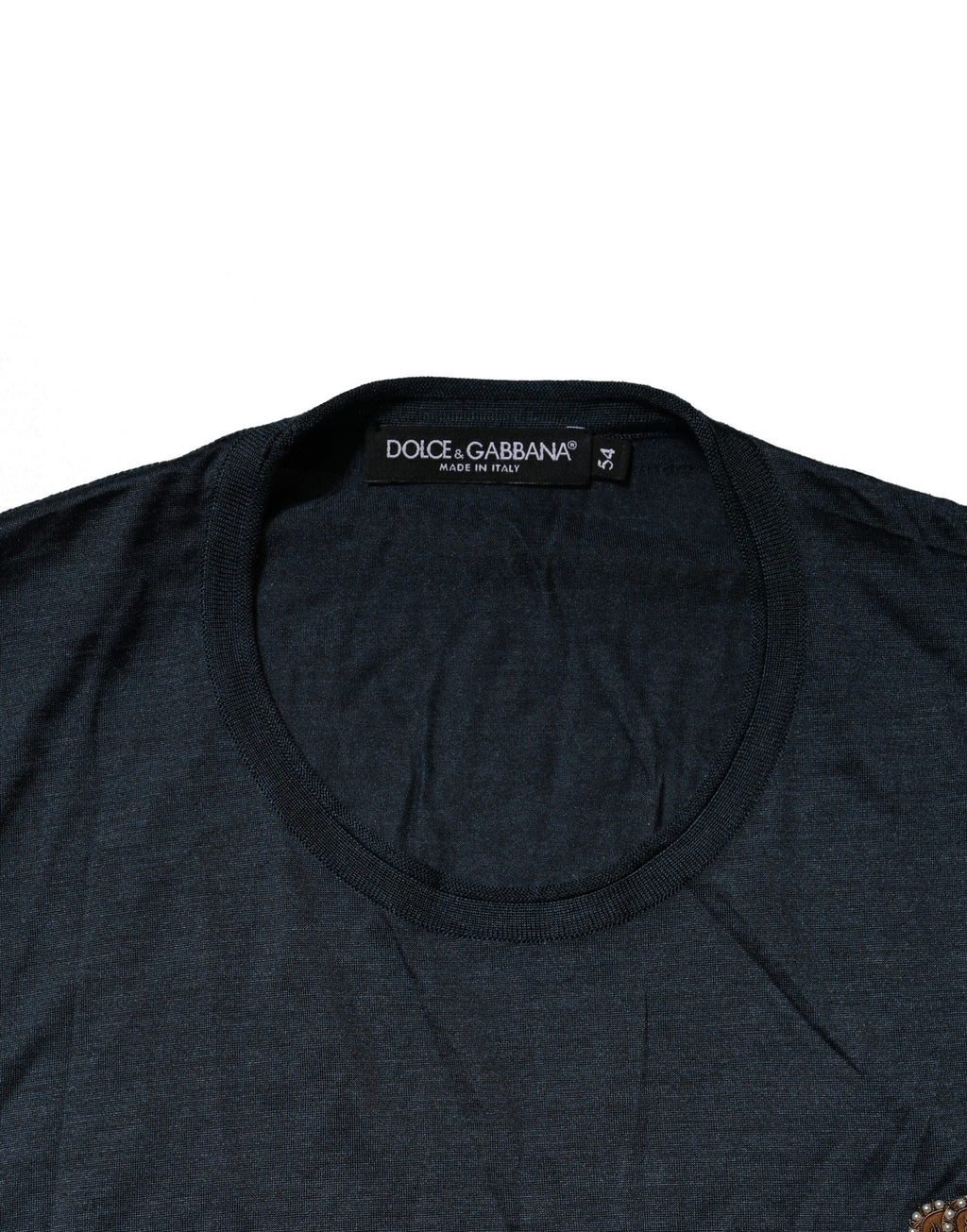 Dolce & Gabbana Dark Blue Silk Logo Patch Crew Neck T-shirt