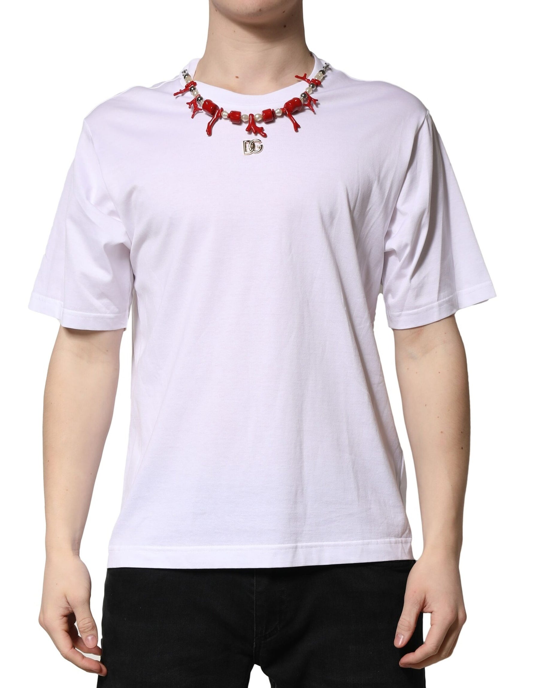 Dolce & Gabbana White Embellished Cotton Crew Neck T-shirt | Regal Royce