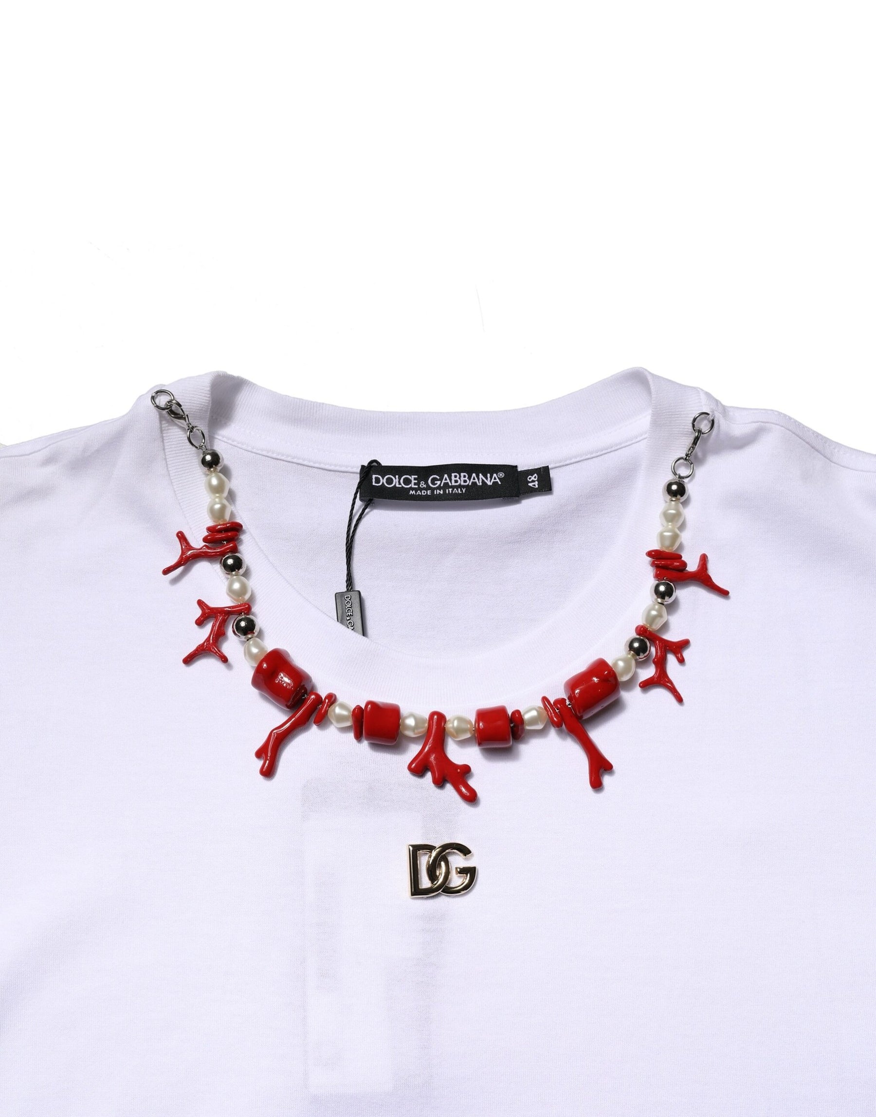 Dolce & Gabbana White Embellished Cotton Crew Neck T-shirt | Regal Royce