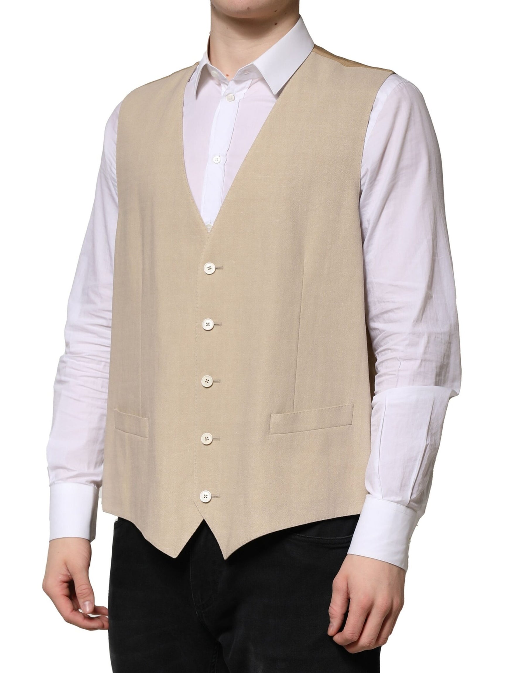 Dolce & Gabbana Beige Linen Dress Formal Men Waistcoat Vest | Regal Royce
