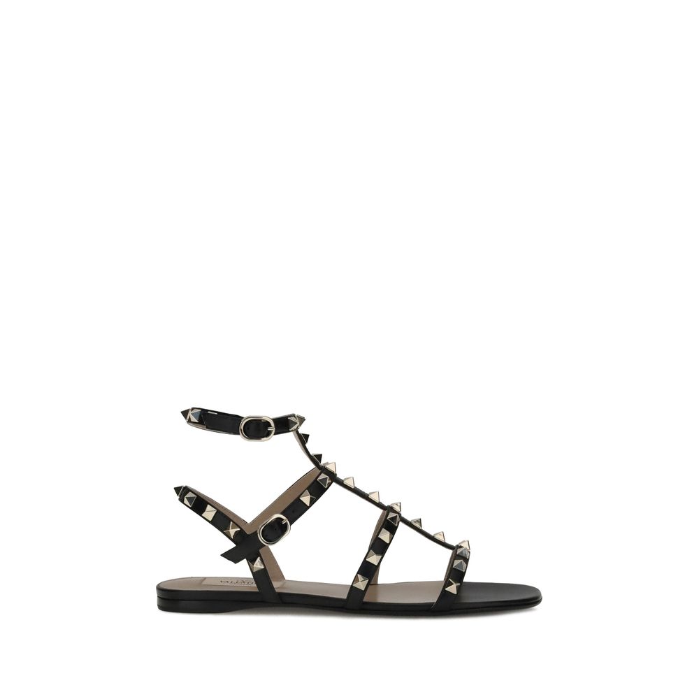 Valentino Garavani Black Calf Leather Bos Taurus Flat Sandals | Regal Royce