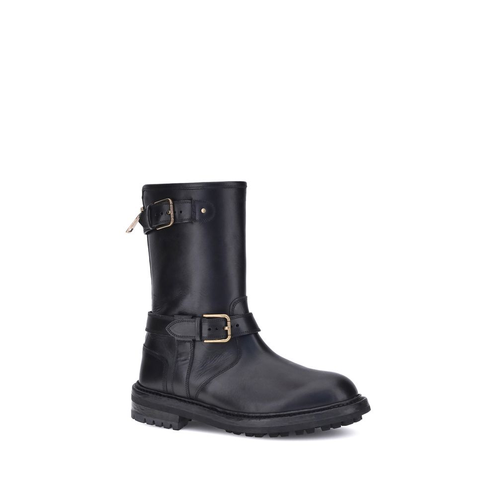 Dolce & Gabbana Black Calf Leather Bos Taurus Lace-Up Boots | Regal Royce