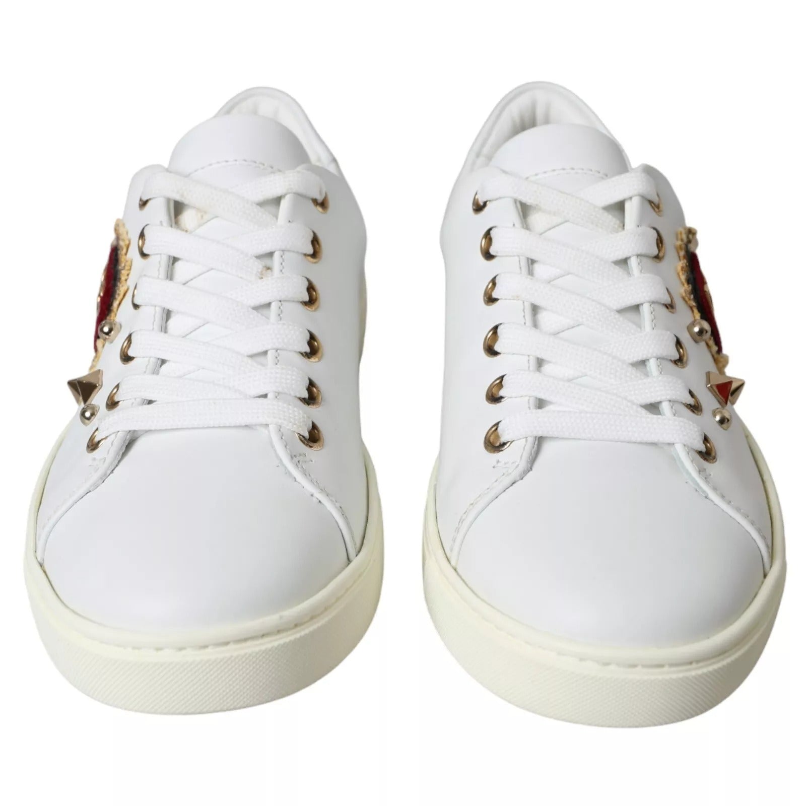 Dolce & Gabbana White Leather Gold Red Heart Sneakers Shoes | Regal Royce