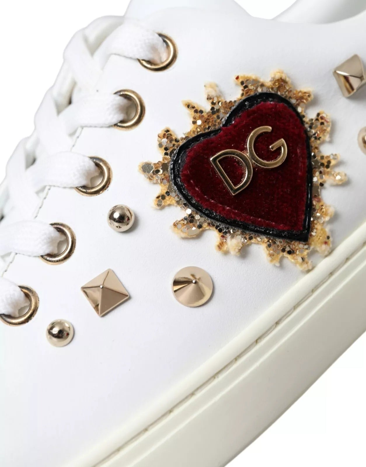 Dolce & Gabbana White Leather Gold Red Heart Sneakers Shoes | Regal Royce