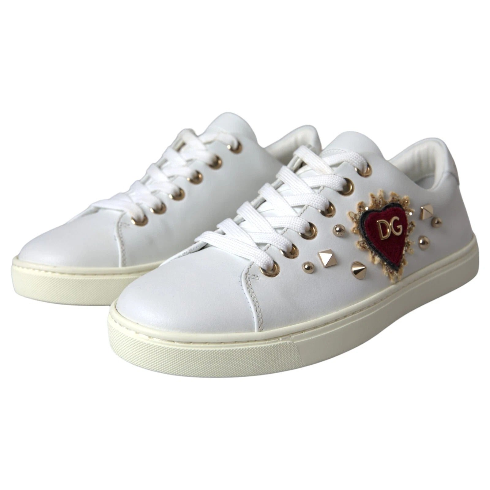 Dolce & Gabbana White Leather Gold Red Heart Sneakers Shoes | Regal Royce