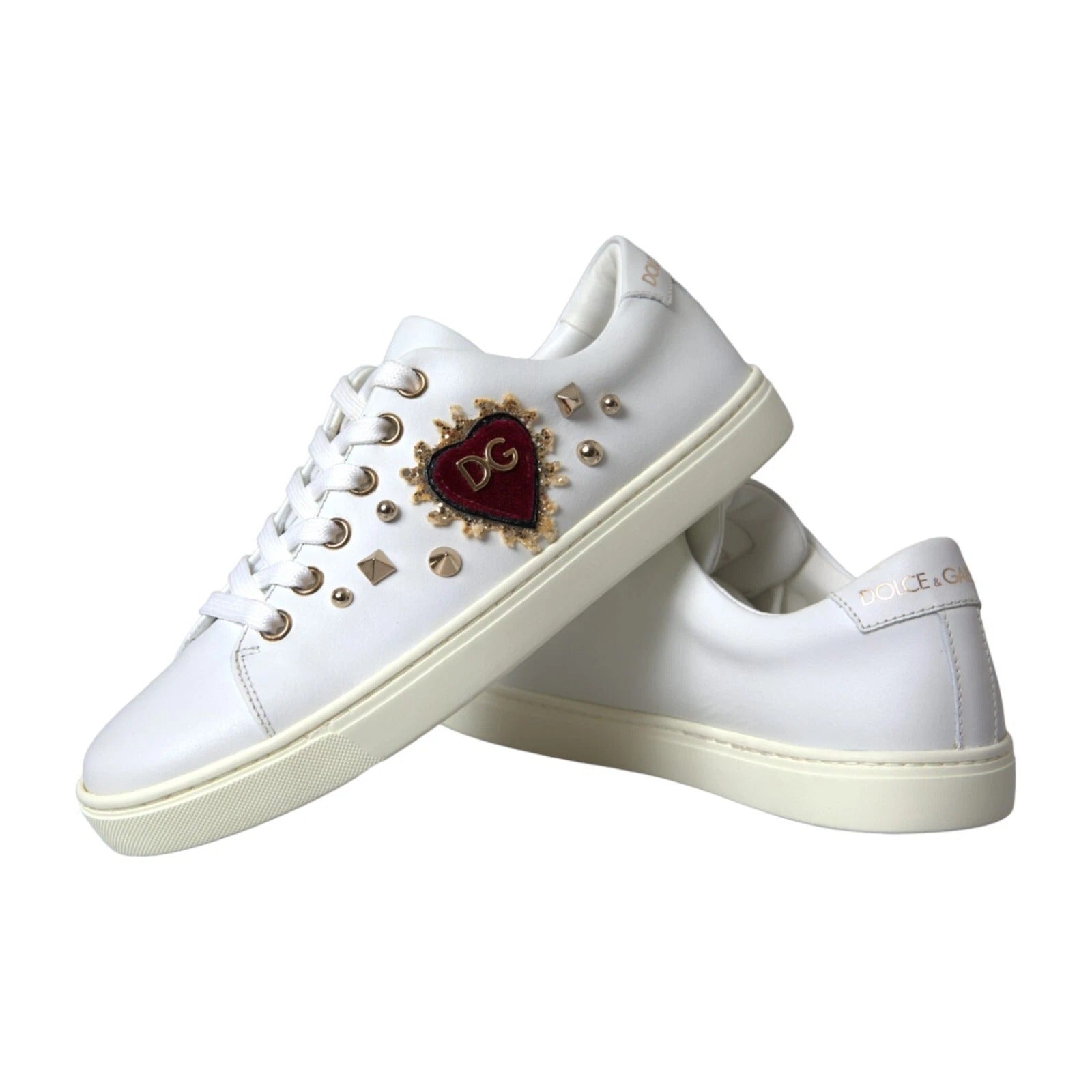 Dolce & Gabbana White Leather Gold Red Heart Sneakers Shoes | Regal Royce