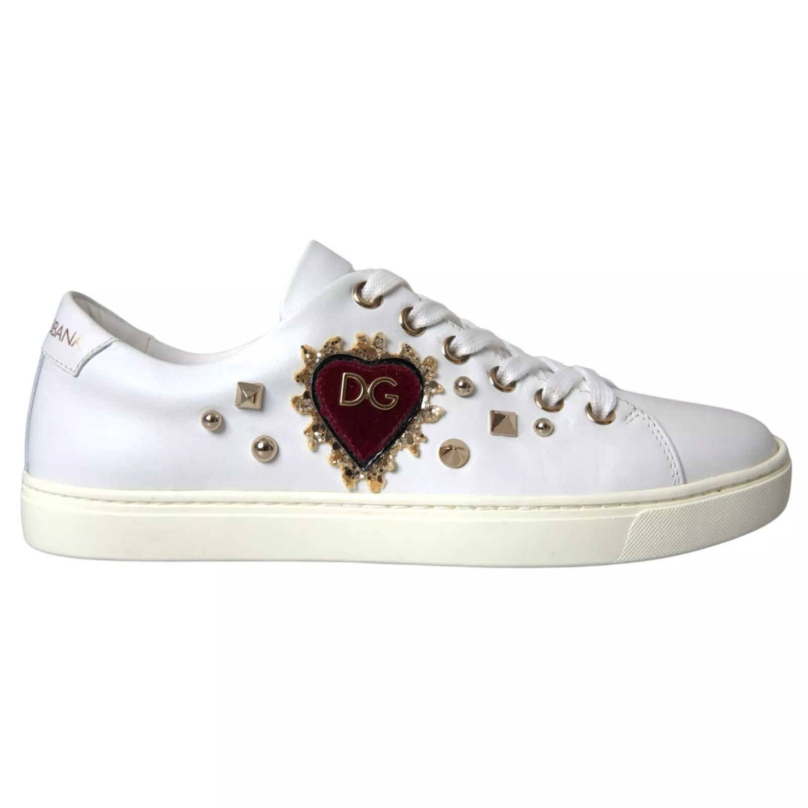 Dolce & Gabbana White Leather Gold Red Heart Sneakers Shoes | Regal Royce