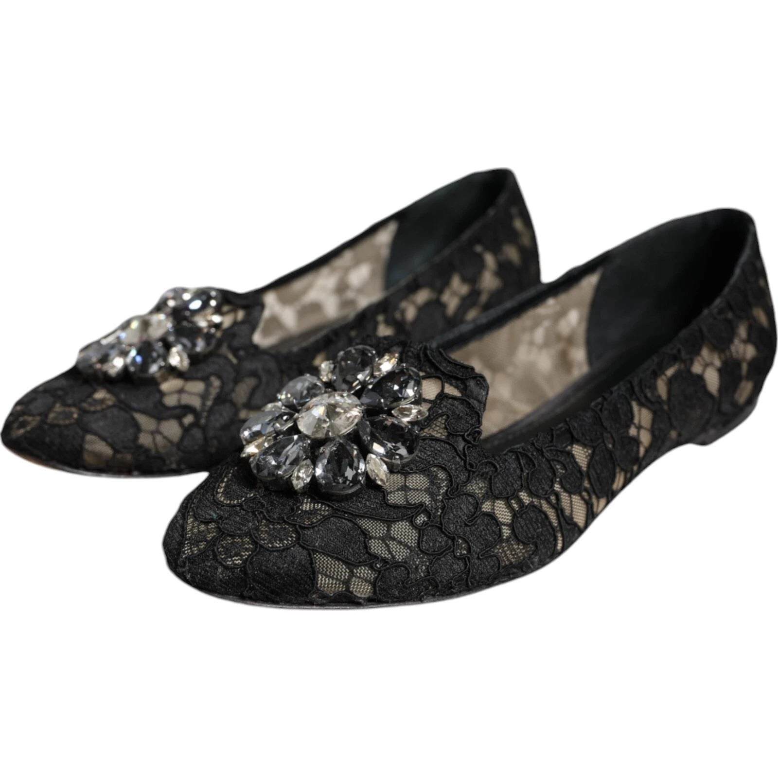 Dolce & Gabbana Black Lace Crystal Ballet Flats Loafer Shoes | Regal Royce
