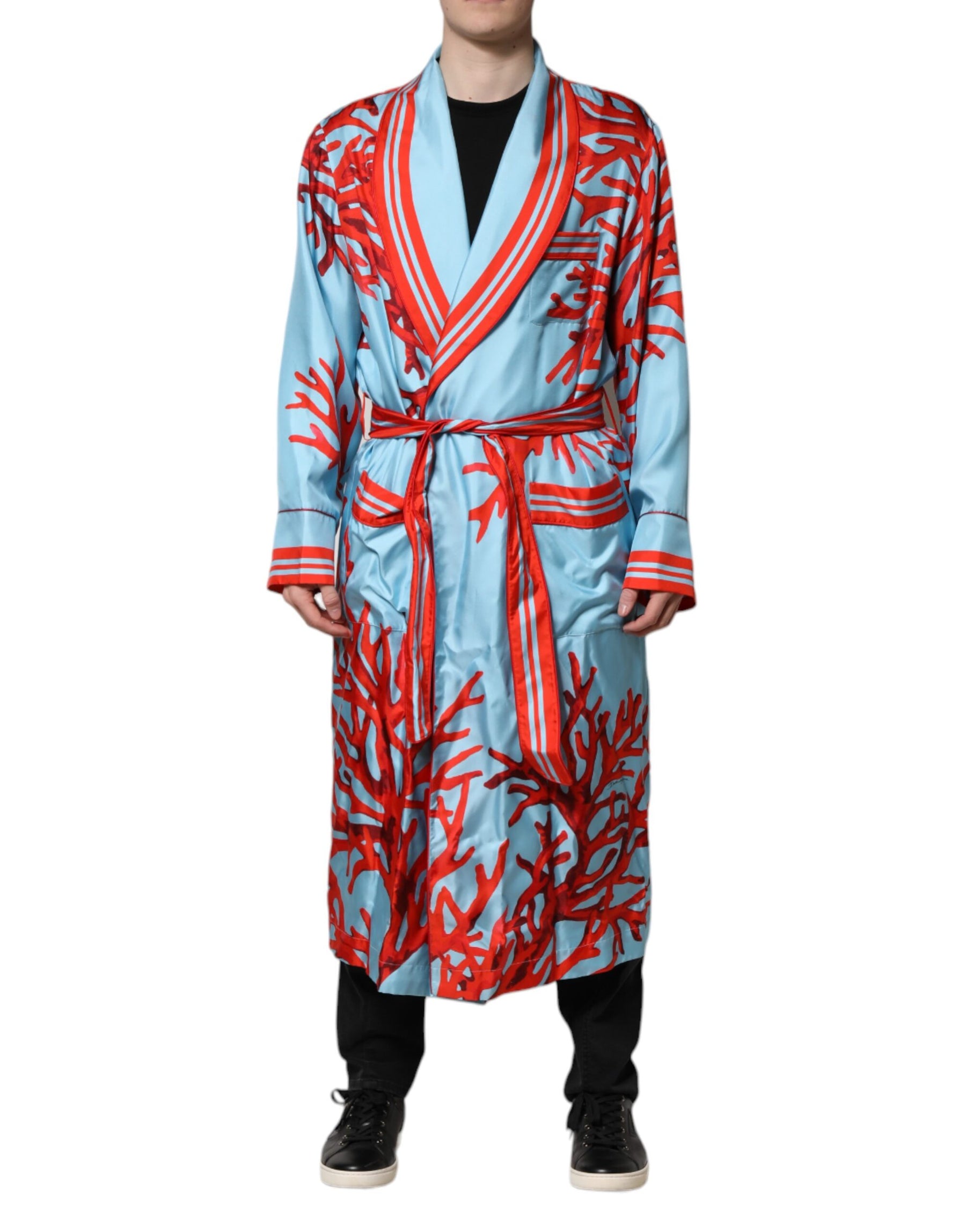 Dolce & Gabbana Blue Red Coral Print Wrap Robe Coat Jacket | Regal Royce