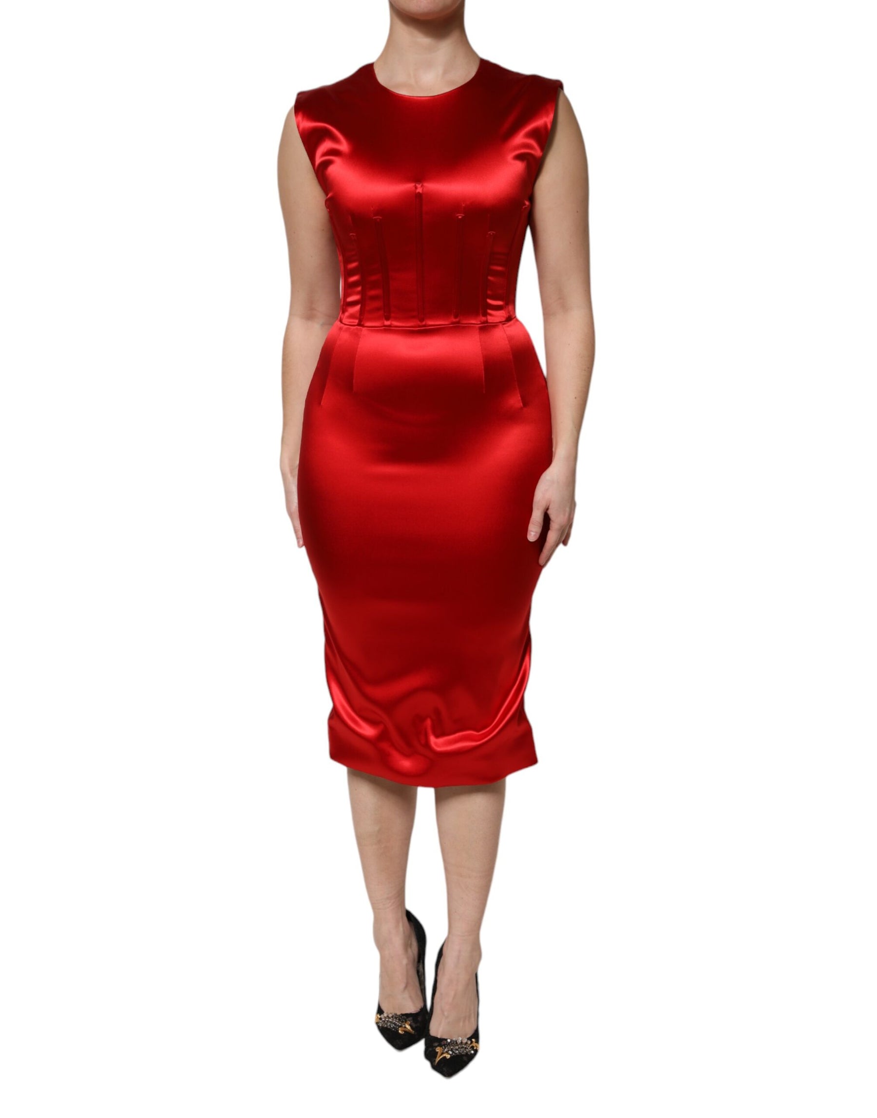Dolce & Gabbana Red Acetate Sleeveless Sheath Midi Dress | Regal Royce