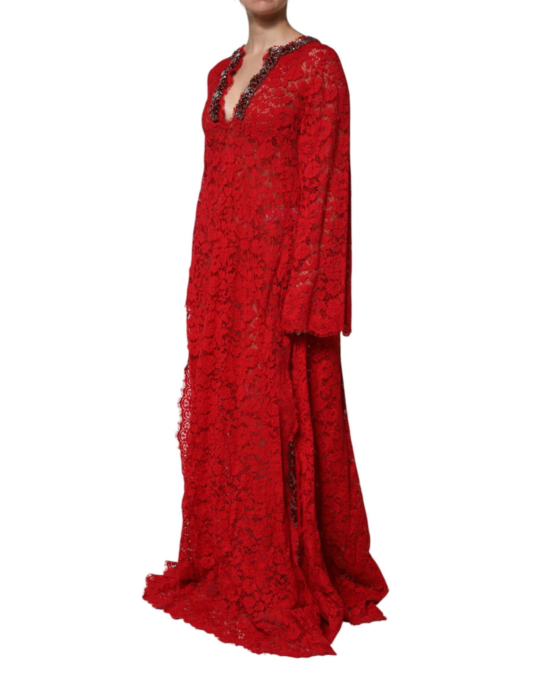 Dolce & Gabbana Red Floral Lace Rhinestone Embellished Dress | Regal Royce