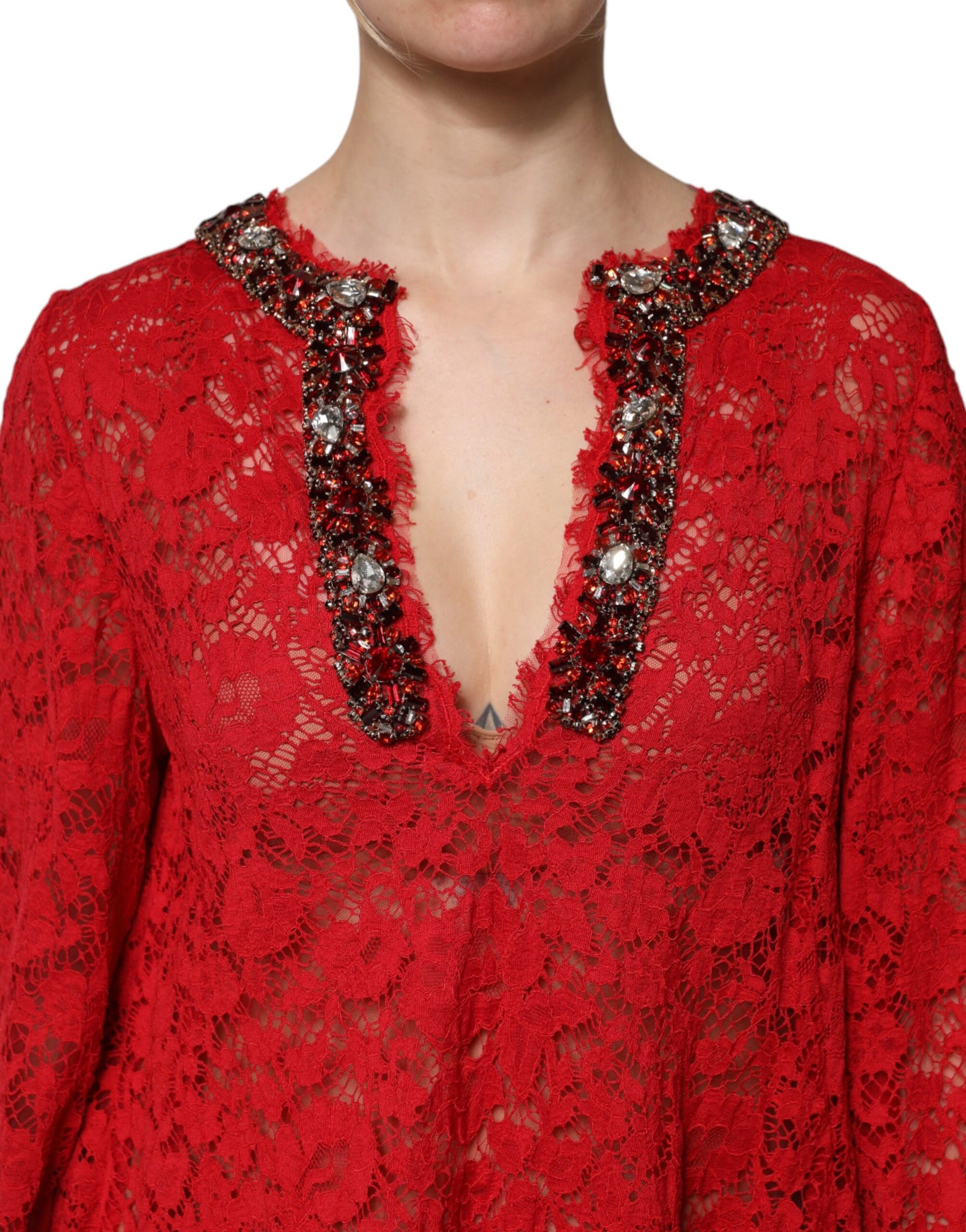 Dolce & Gabbana Red Floral Lace Rhinestone Embellished Dress | Regal Royce