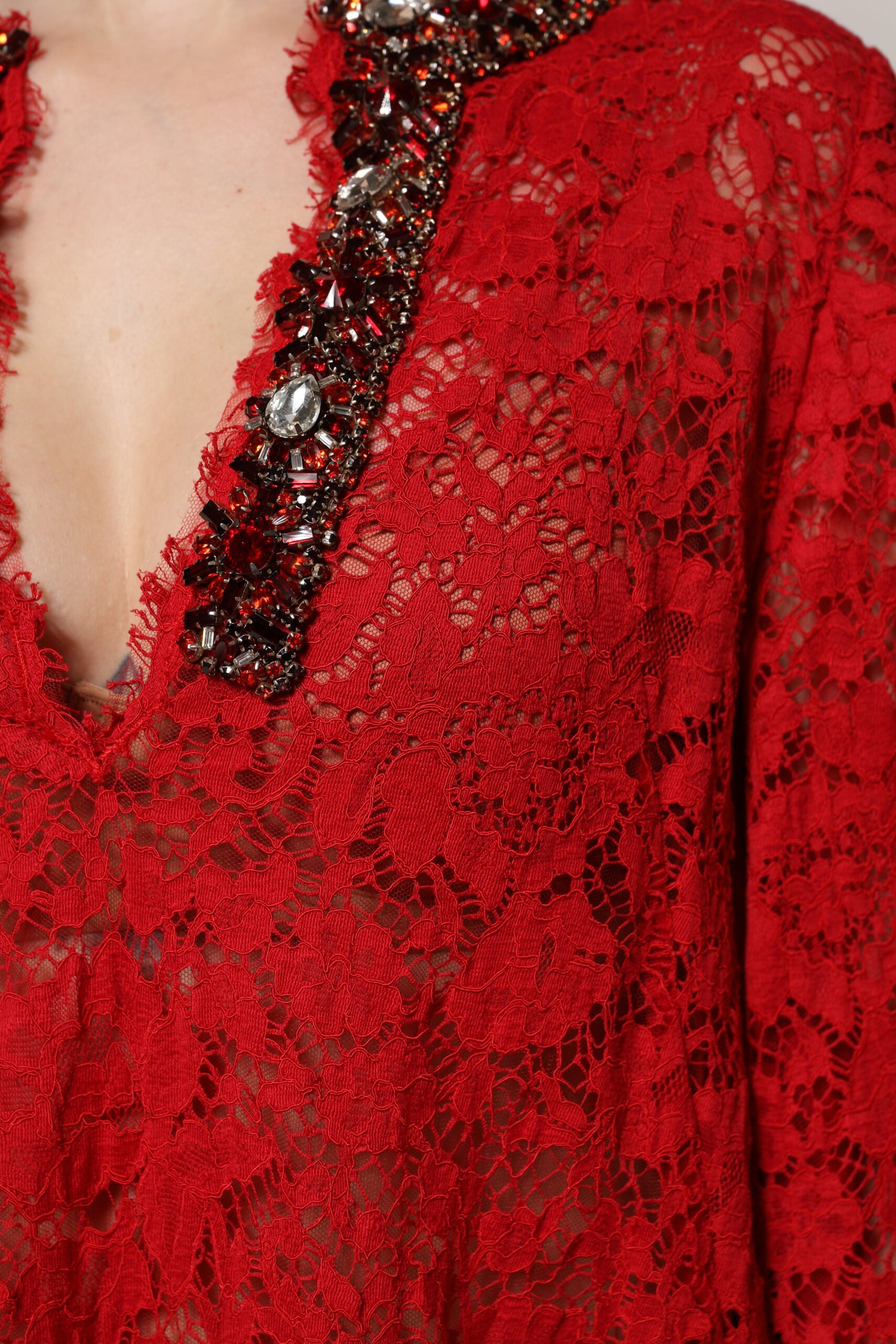 Dolce & Gabbana Red Floral Lace Rhinestone Embellished Dress | Regal Royce