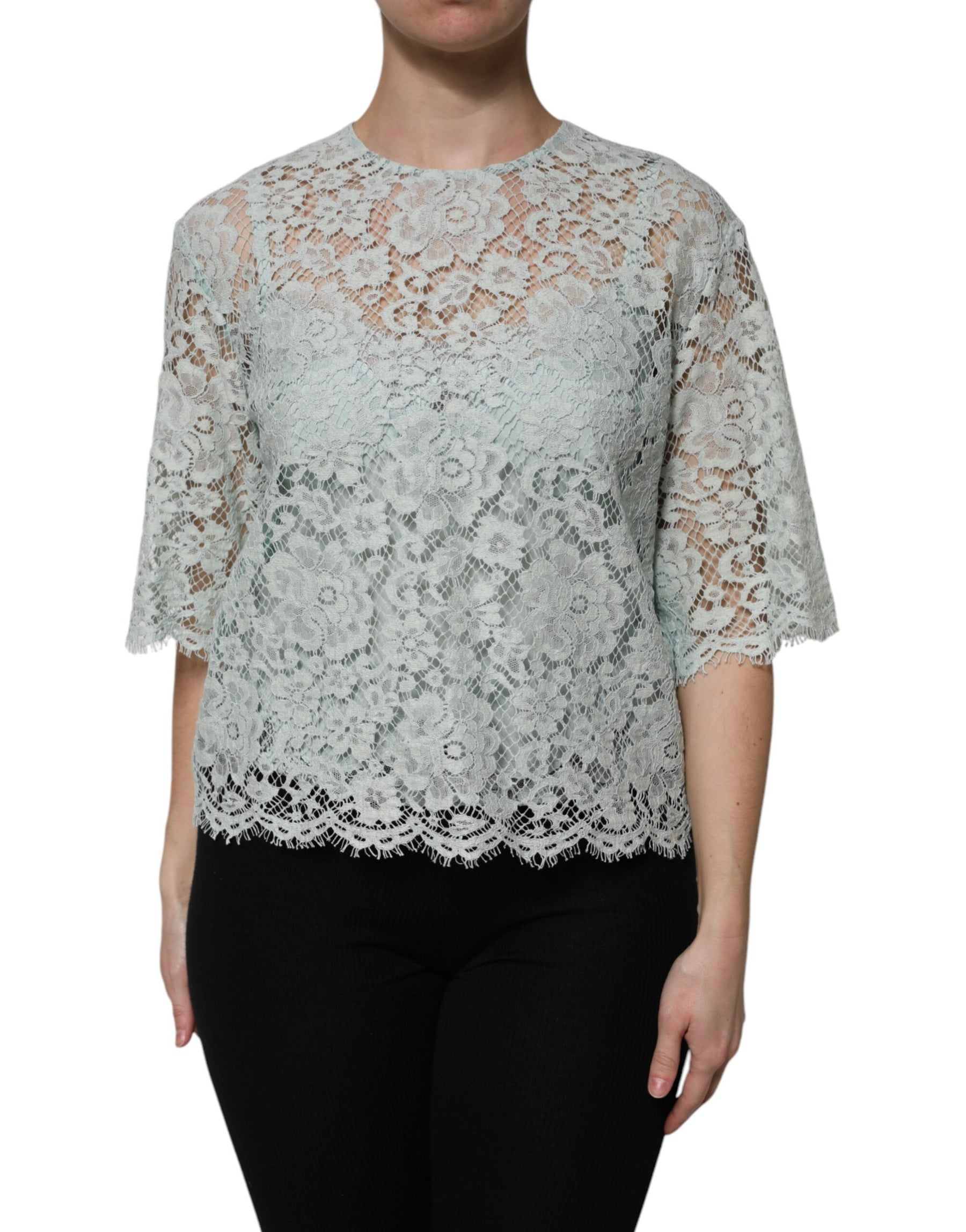 Dolce & Gabbana Mint Green Floral Lace Cotton Blouse Top | Regal Royce