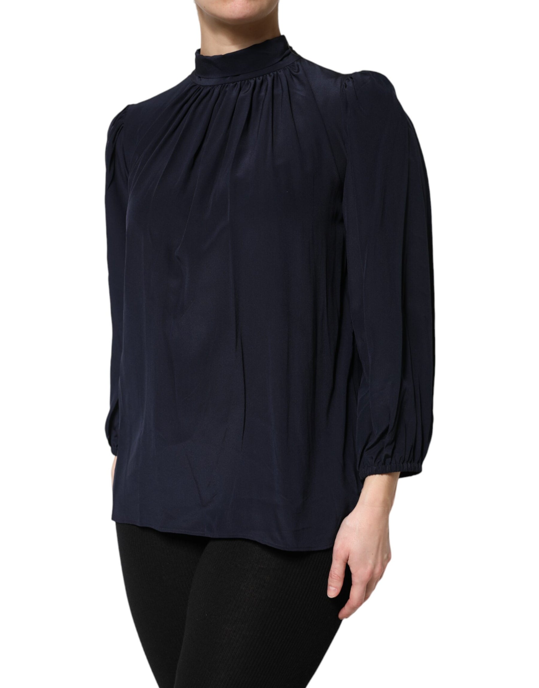 Dolce & Gabbana Blue Silk Mock Neck Long Sleeves Blouse Top | Regal Royce