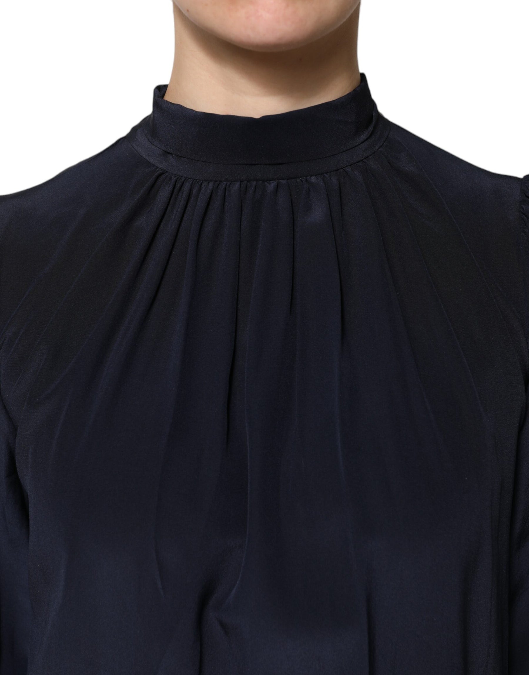 Dolce & Gabbana Blue Silk Mock Neck Long Sleeves Blouse Top | Regal Royce