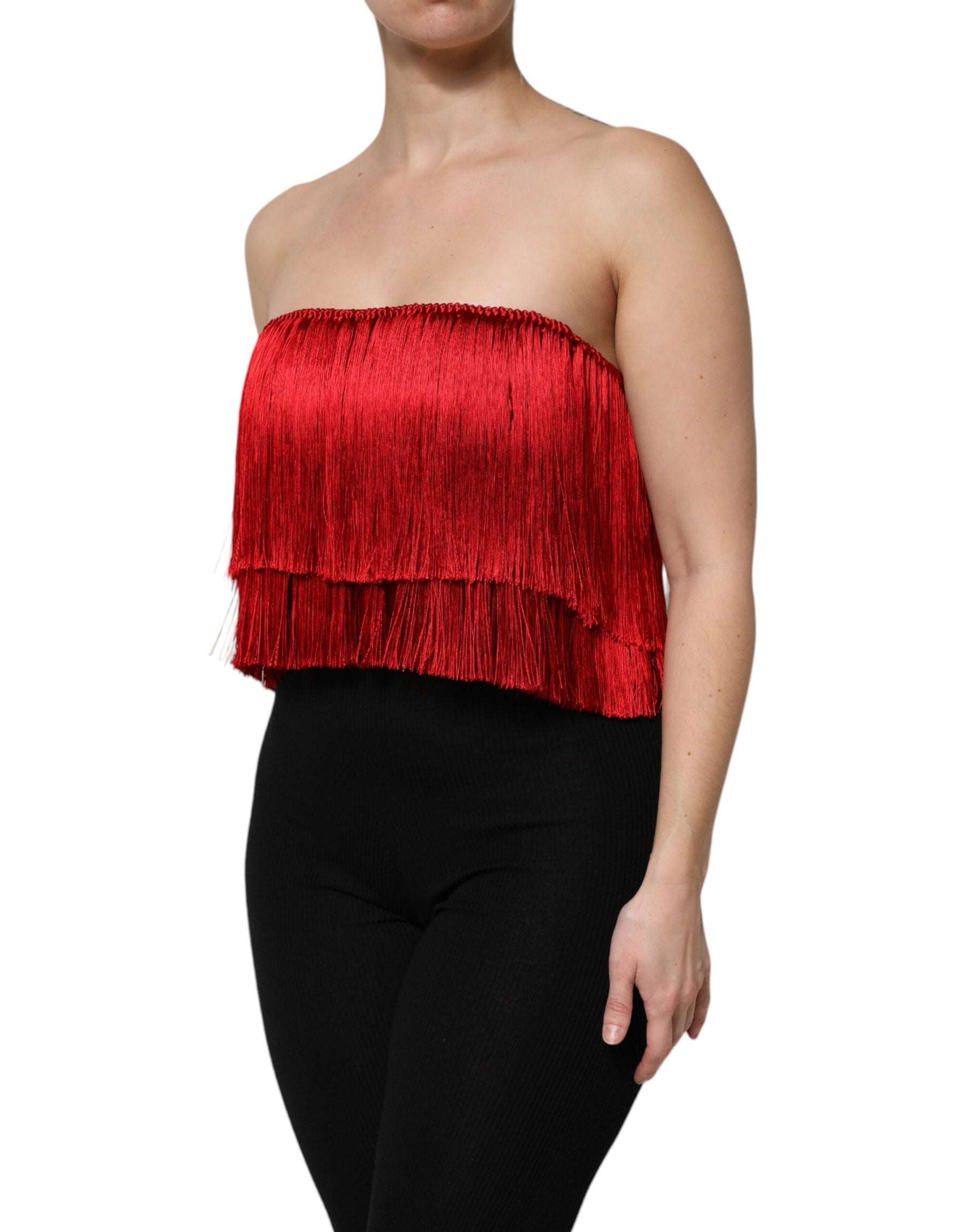 Dolce & Gabbana Red Silk Strapless Fringe Crop Tube Top | Regal Royce