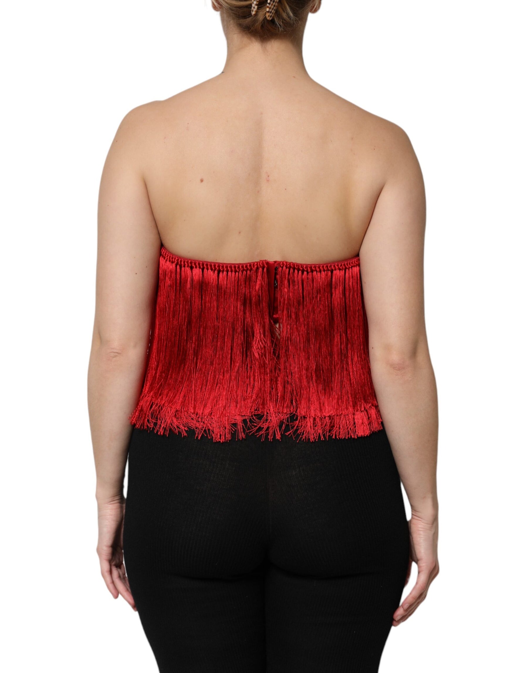 Dolce & Gabbana Red Silk Strapless Fringe Crop Tube Top | Regal Royce