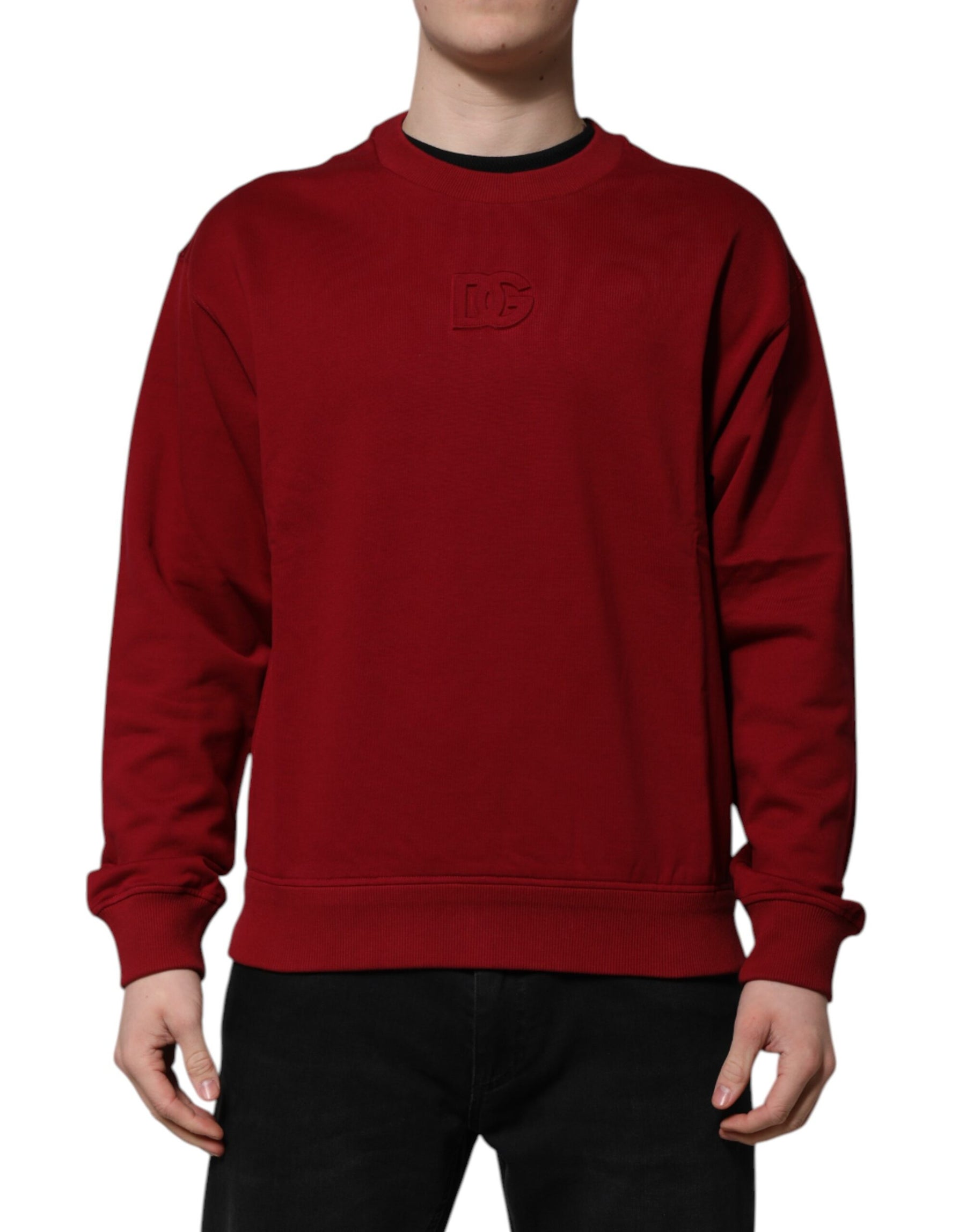 Dolce & Gabbana Red Embossed Logo Cotton Crew Neck Sweater | Regal Royce